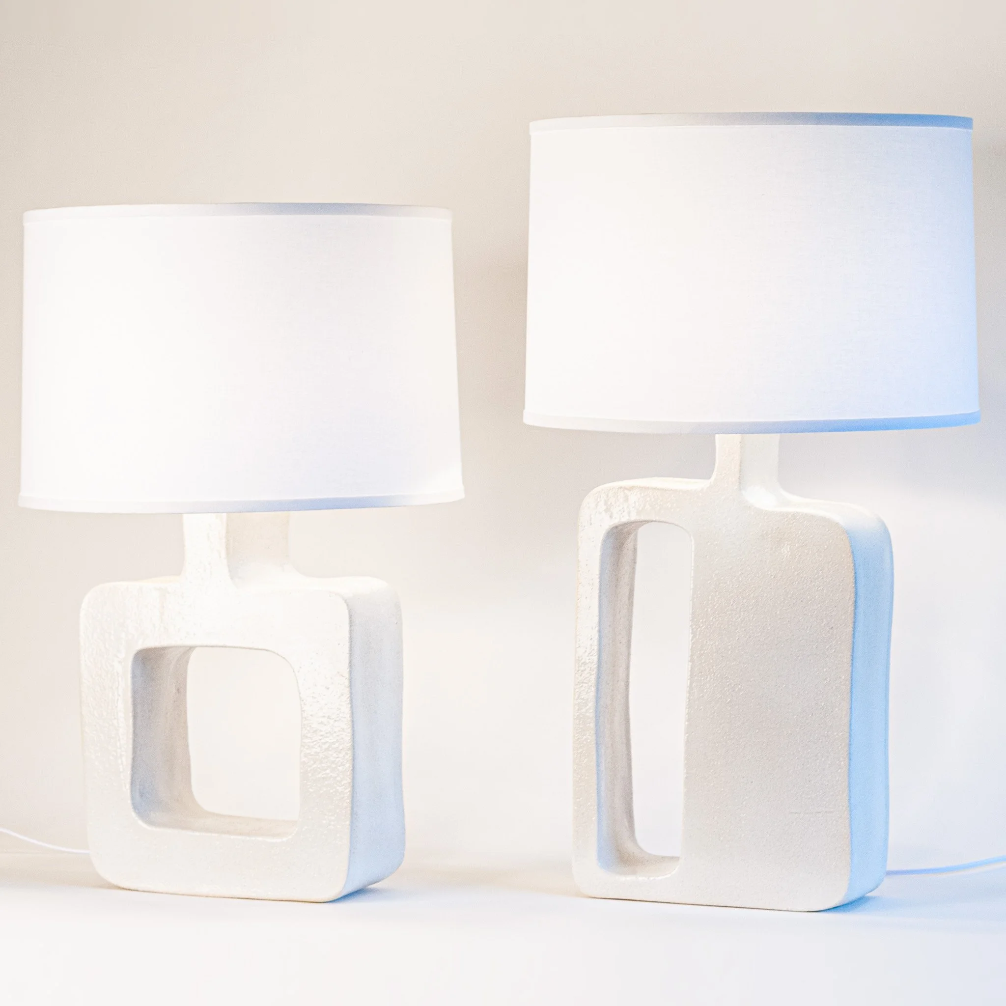 Form Study Table Lamps 1 and 2 by Jim Schatz — pair, one-of-a-kind sculptural ceramic lamps in textured white stoneware