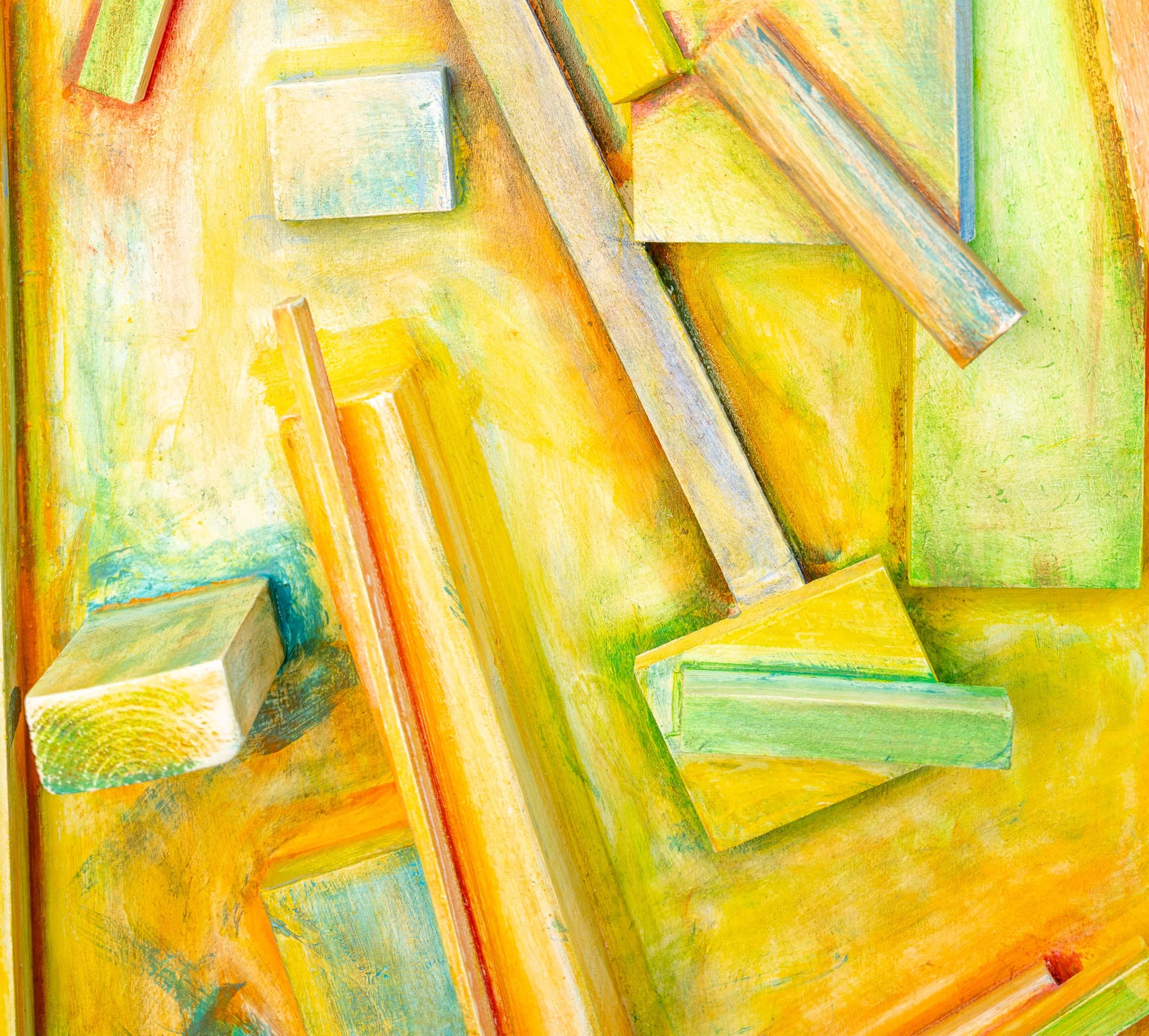 Tired of Pretending, detail view showing painted wood blocks and rails under a continuous yellow and green wash
