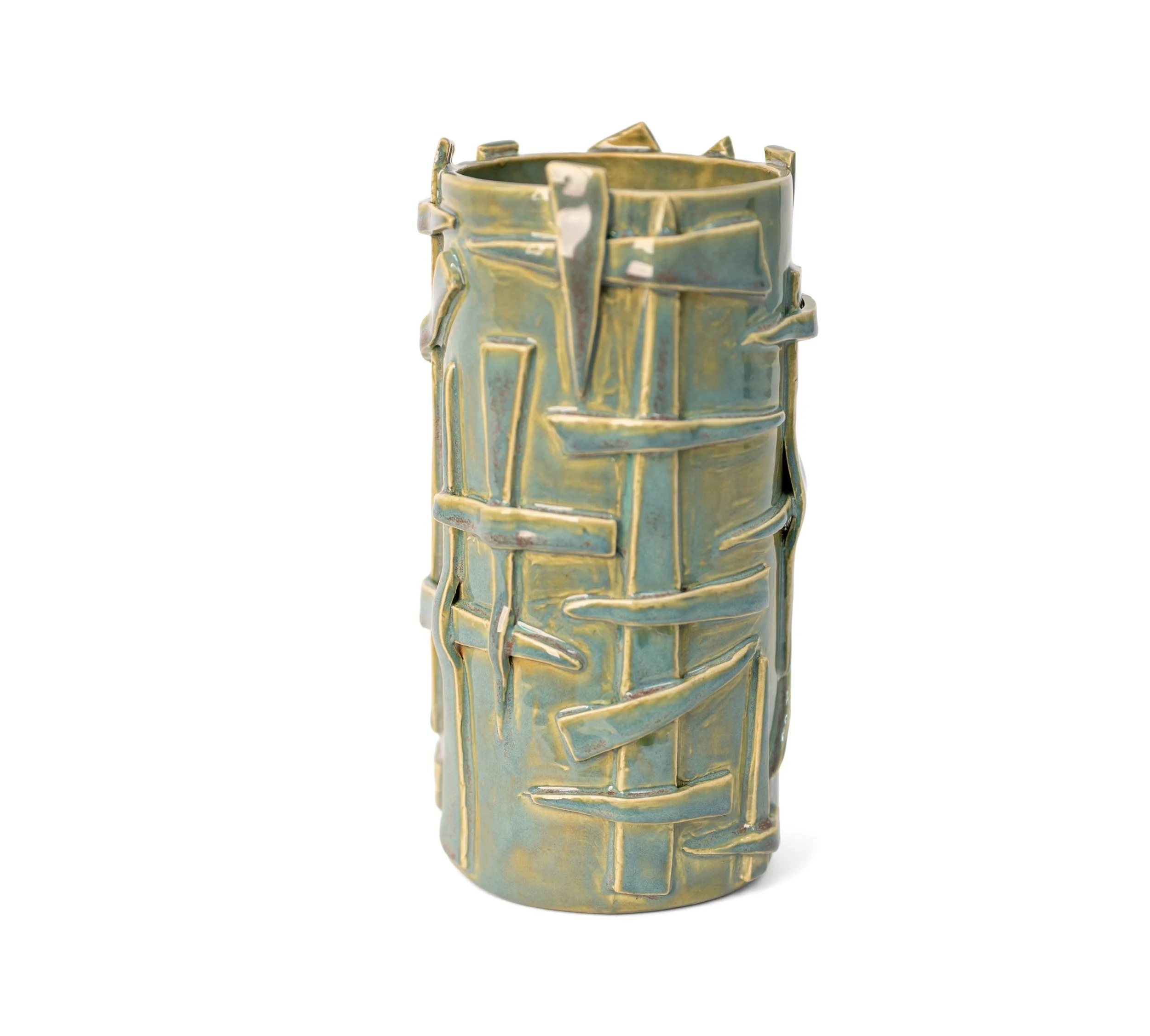 Vessel 6, alternate view of the lattice strips and rust flecks in sea-green glaze, by Peter Souza Jr.