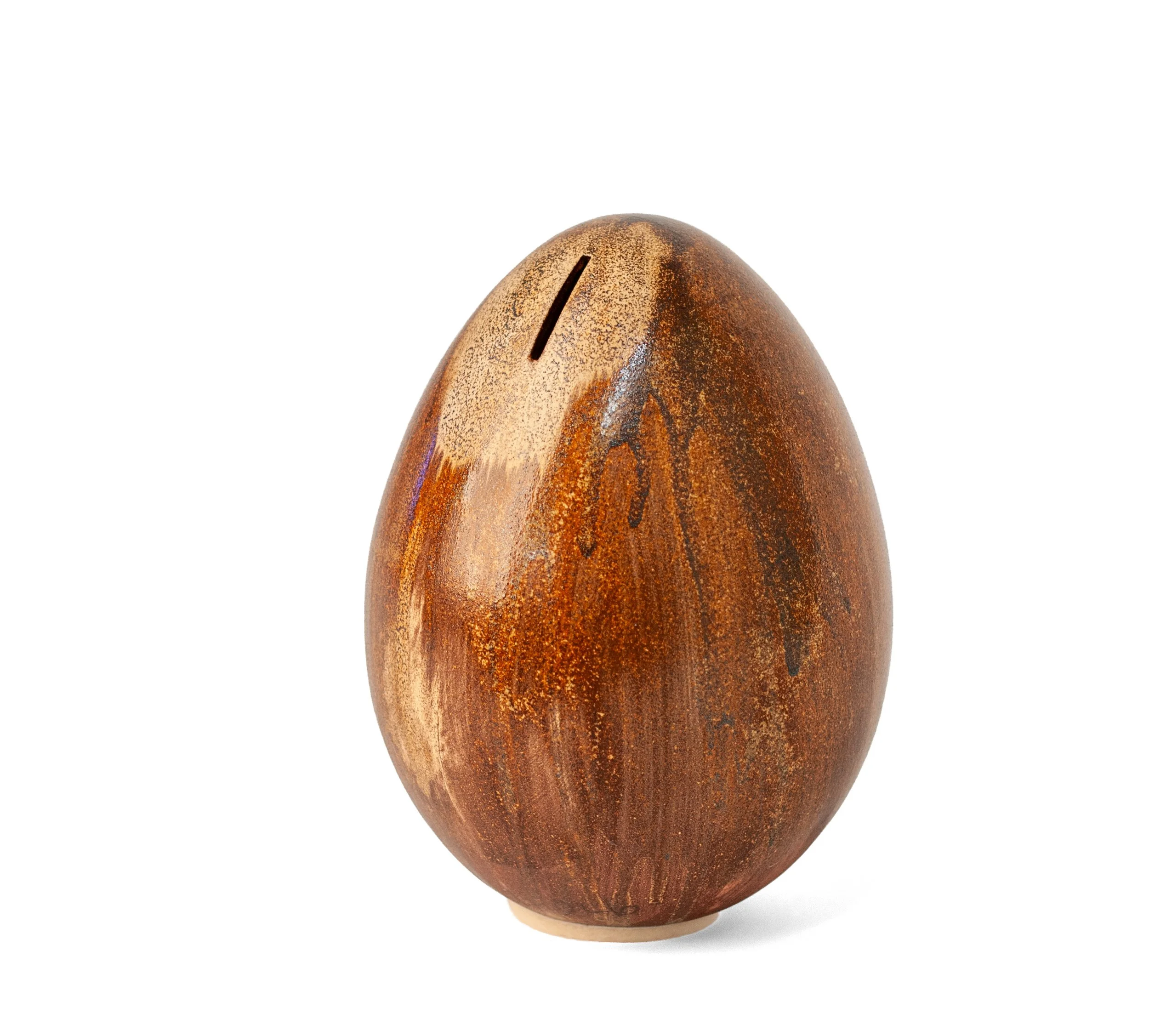 Egg Bank in rustic glaze, three-quarter view showing glaze variation across the egg form