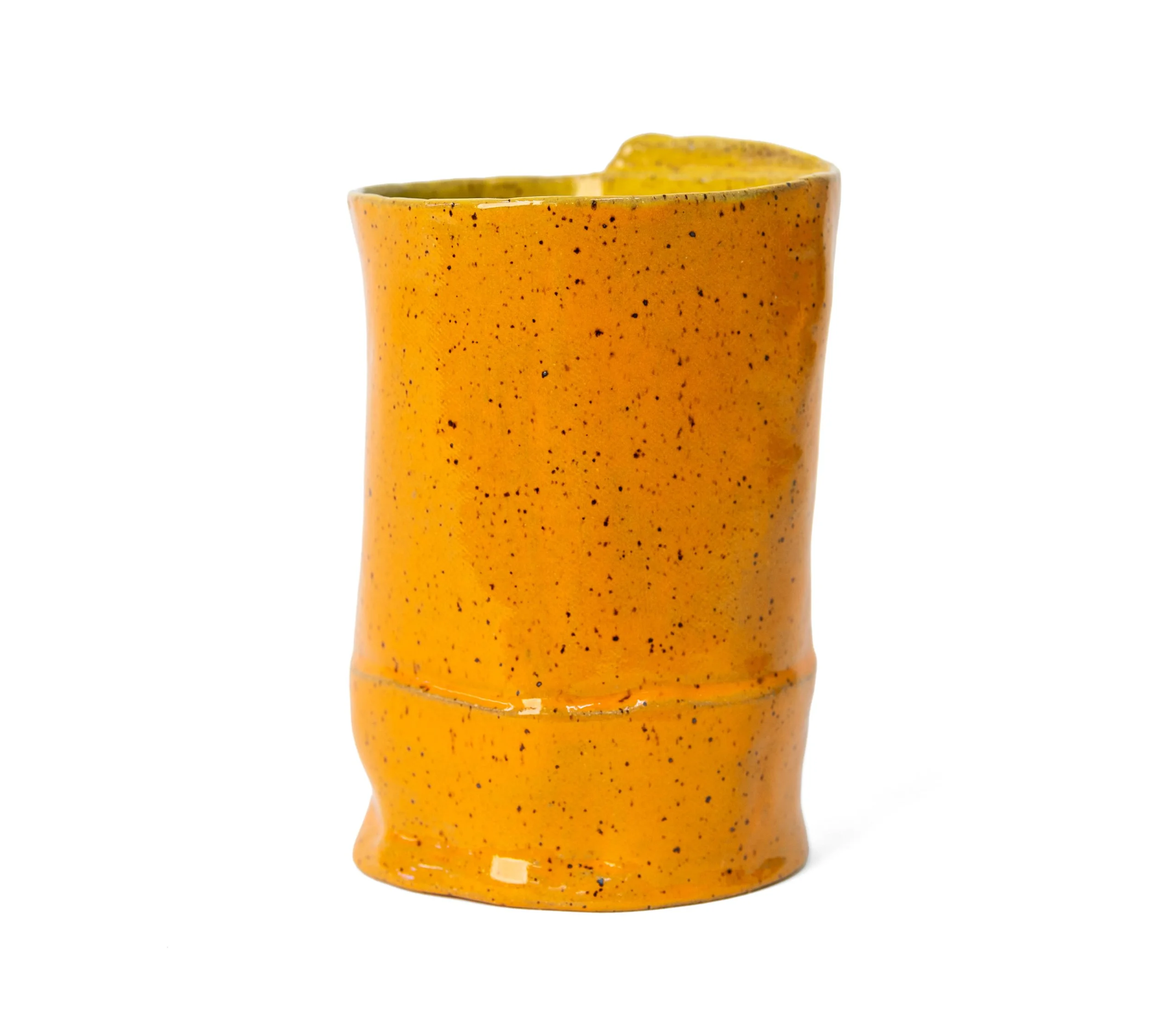 Wrap Vessel 1, marigold-glazed speckled stoneware vessel wrapped from a single slab, by Peter Souza Jr.