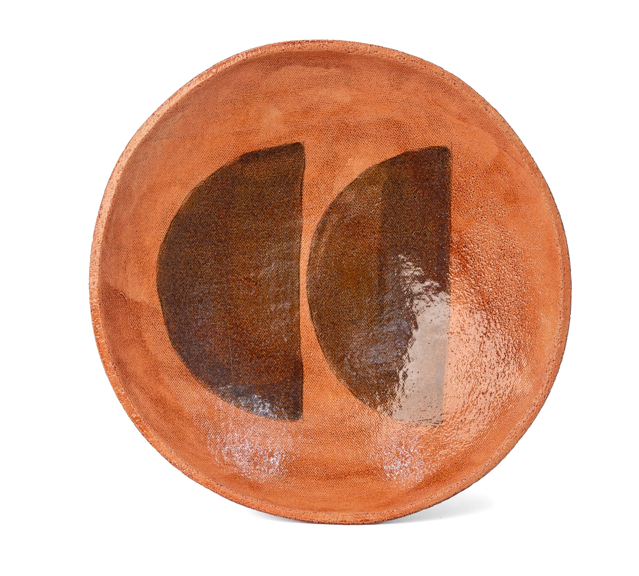 Geometria Bowl, 20 over 55, terracotta stoneware bowl with two dark half-moons, by Jim Schatz