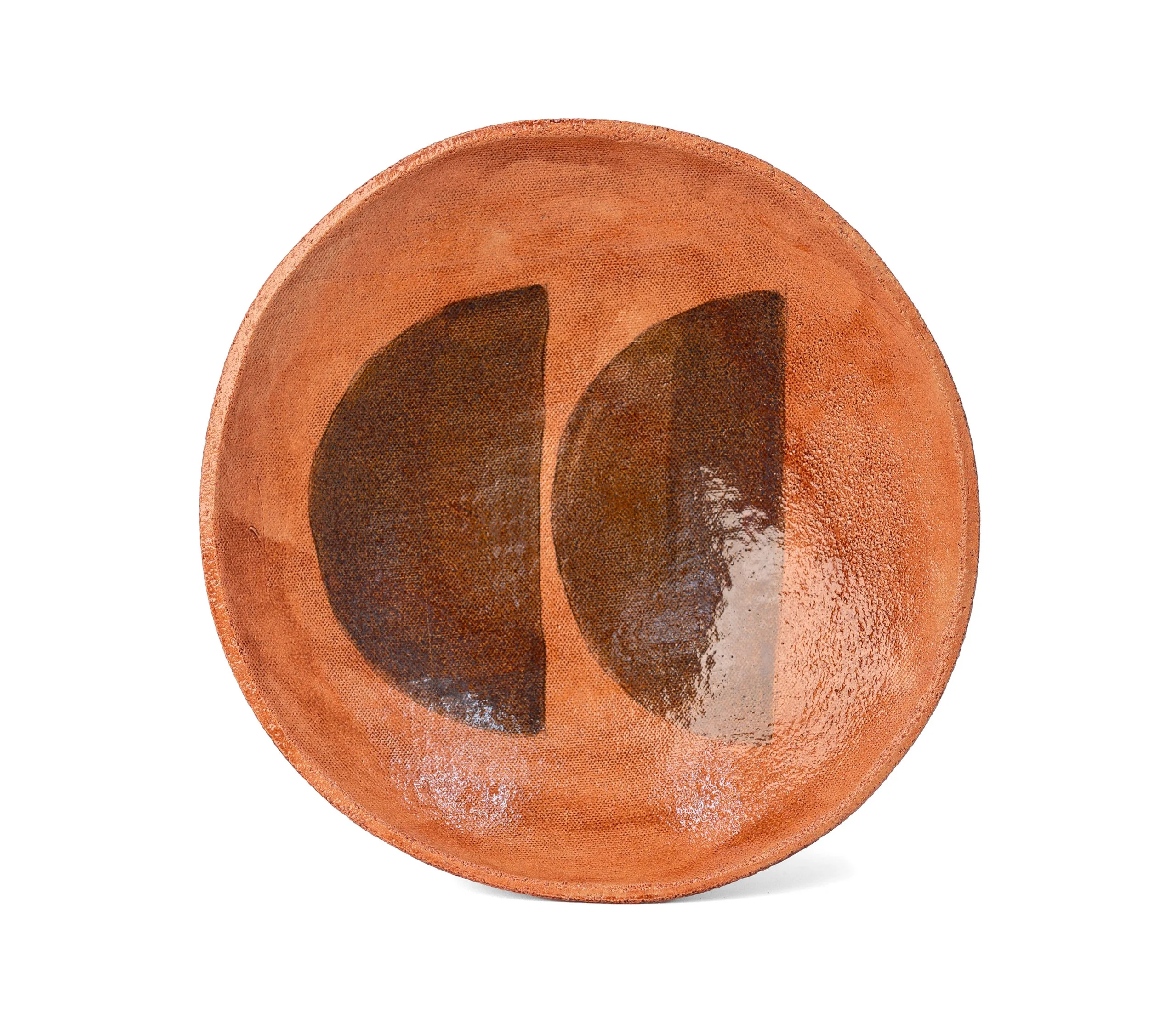 Geometria Bowl, 20 over 55, terracotta stoneware bowl with two dark half-moons, by Jim Schatz