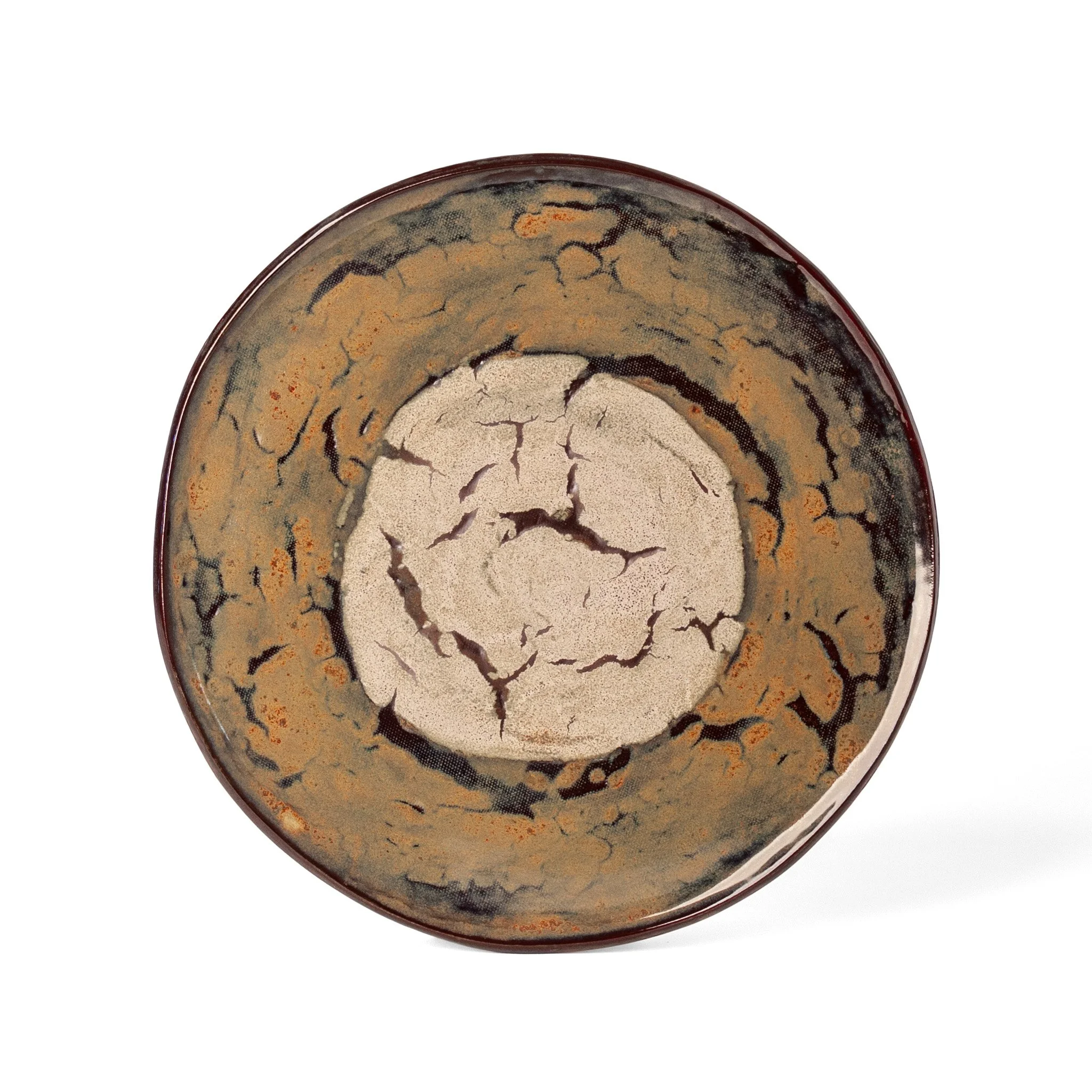 Geometria Platter, 43 over 46, mottled bronze and rust stoneware platter with crackled cream disc, by Jim Schatz (Copy)