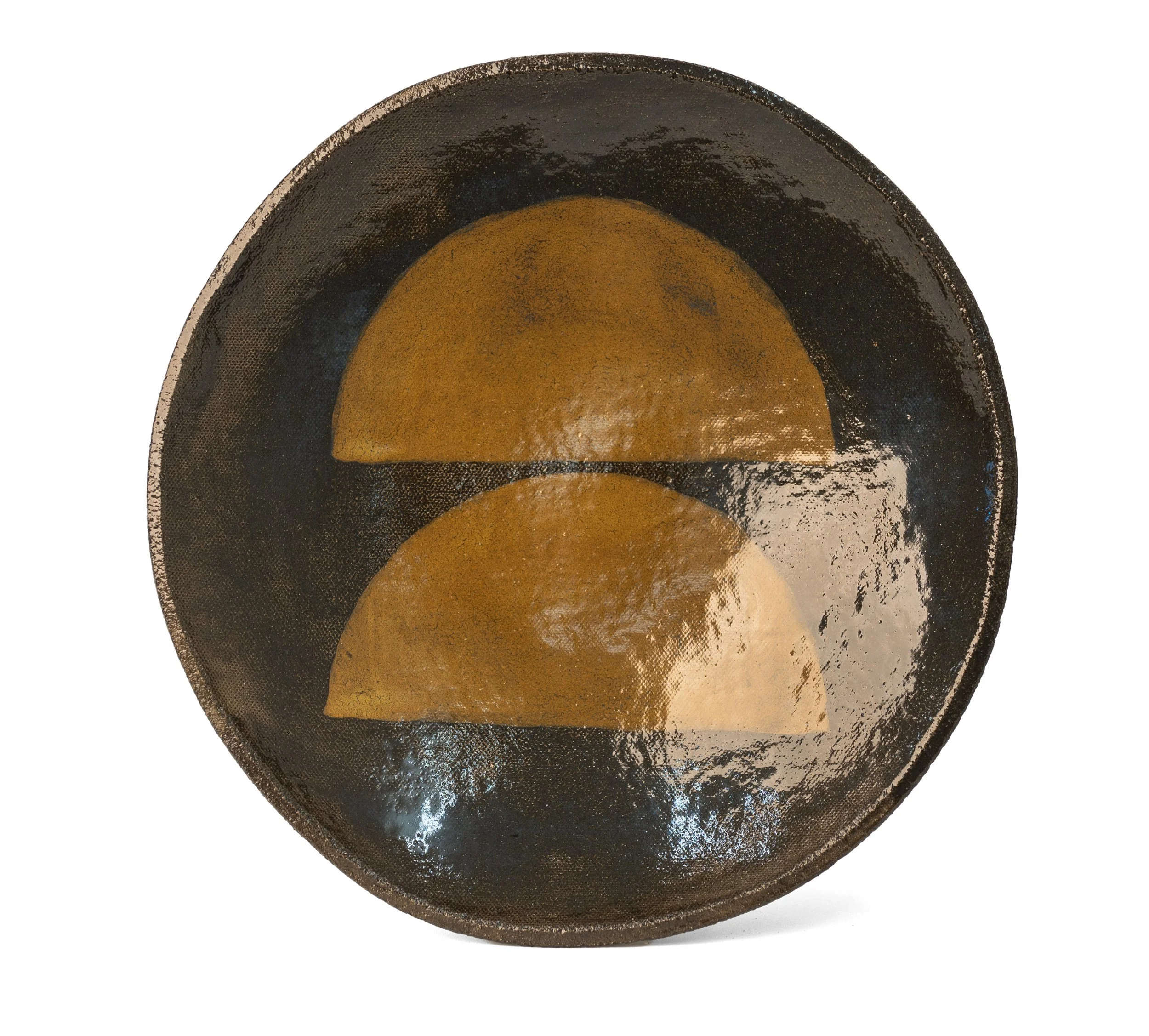 Geometria Bowl, 28 over 12, black stoneware bowl with two ochre half-moons, by Jim Schatz