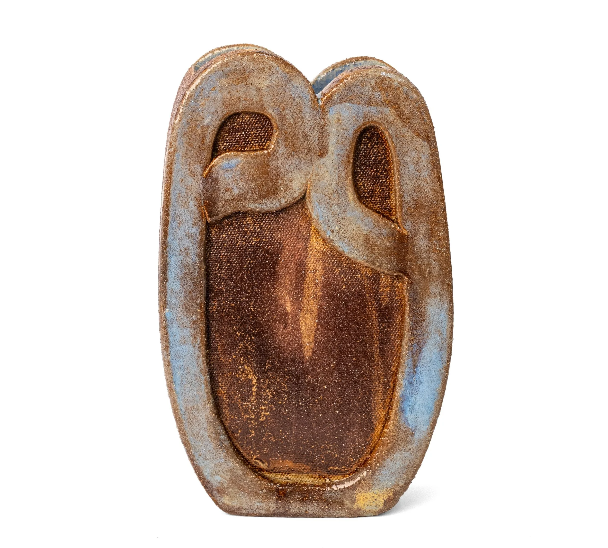Ribbon Vessels, Vessel 4, rust glazed stoneware with a doubled top edged in pale blue, by Jim Schatz.