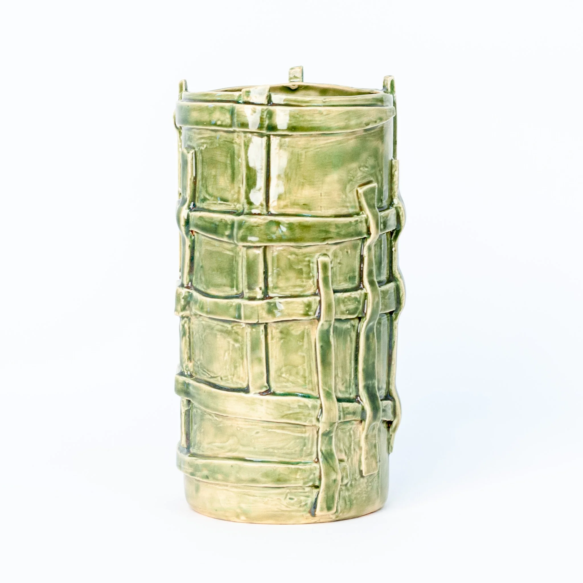 Vessel 1, 2026, green-glazed stoneware vessel by Peter Souza Jr. with an applied lattice of clay strips and raw clay foot