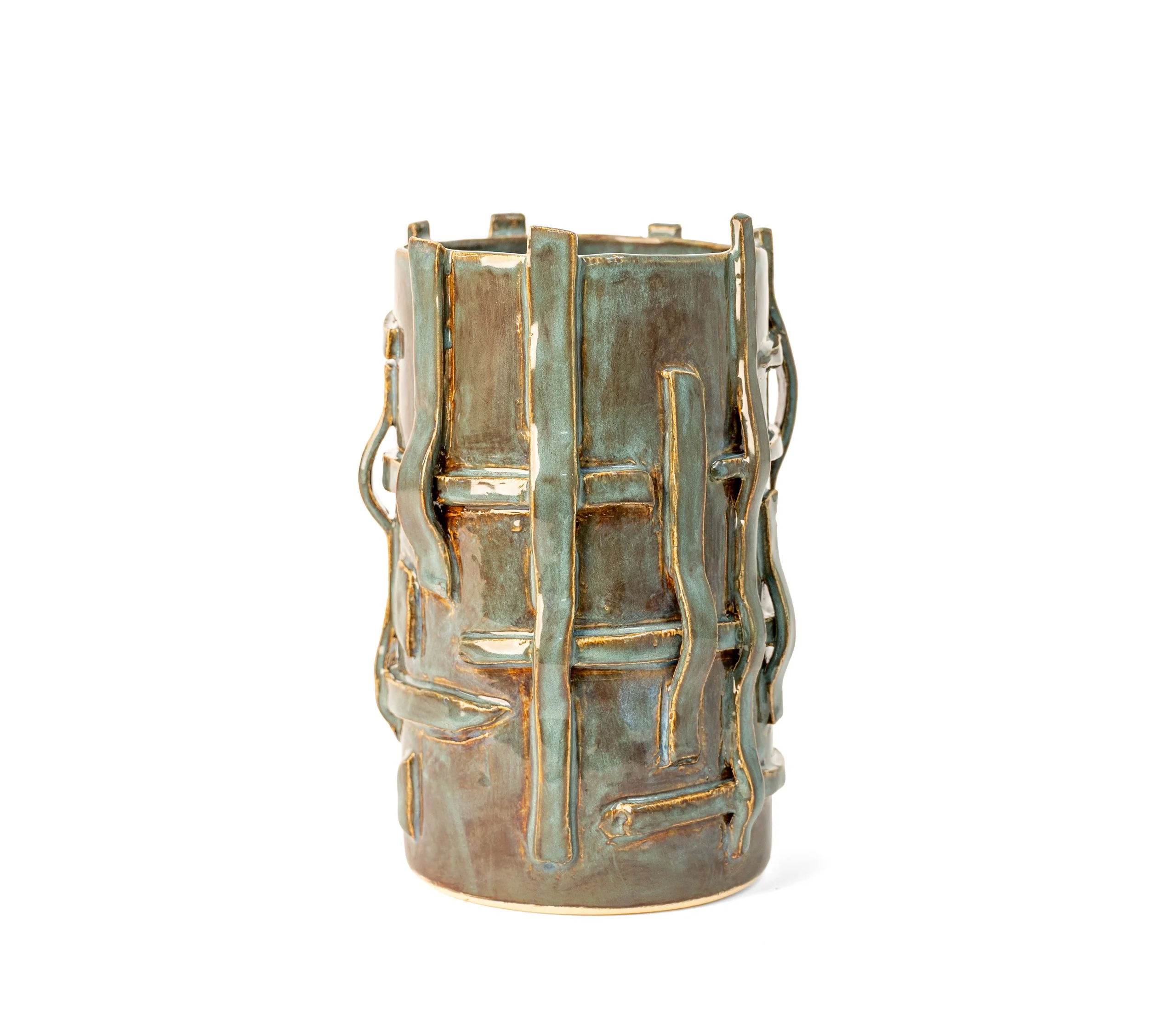 Vessel 2, 2026, stoneware vessel by Peter Souza Jr. with applied clay strips crossing the cylinder under a green and bronze glaze, uneven prongs breaking the rim