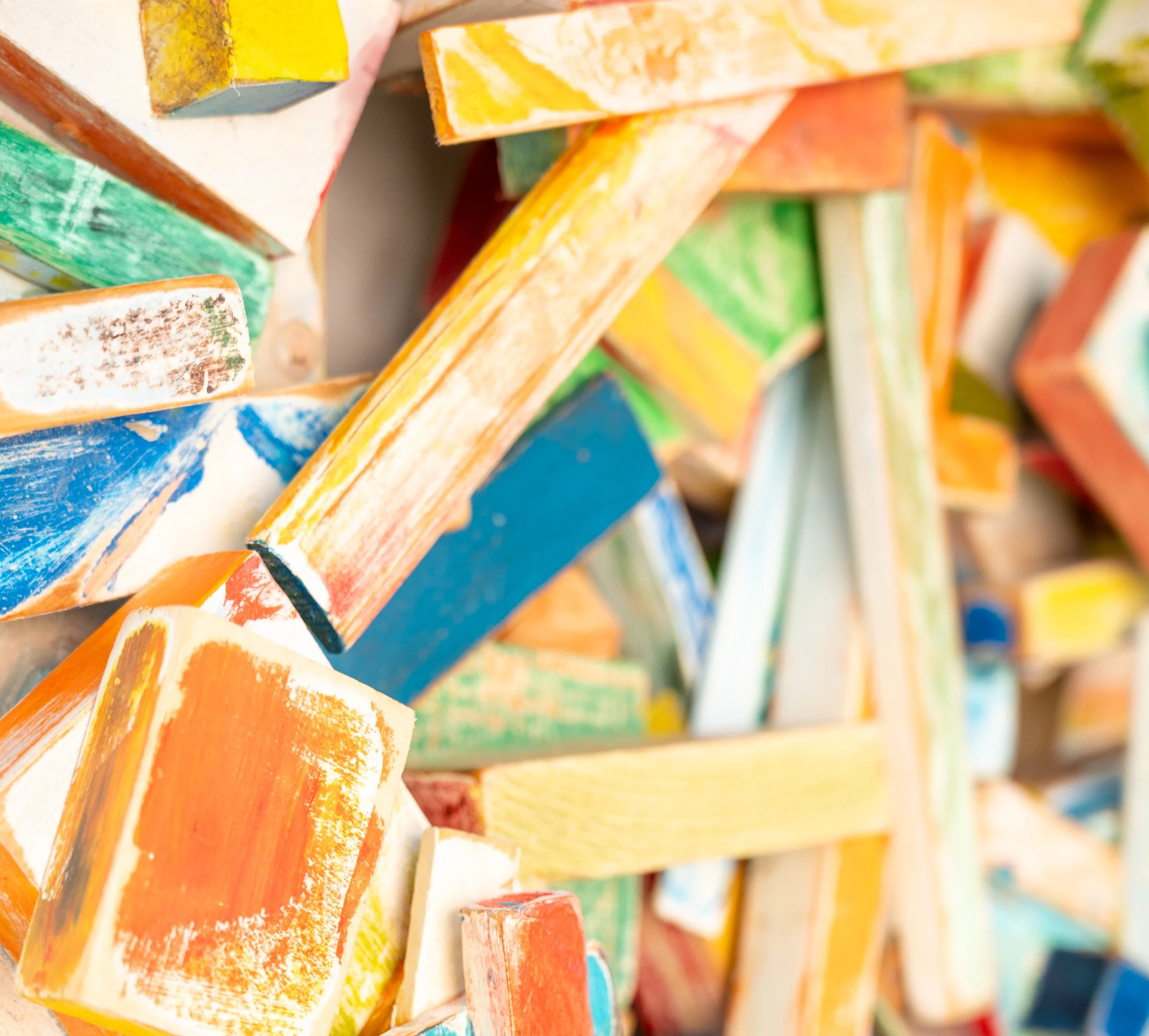 Jumping to Conclusions, second detail view showing worn paint surfaces and stacked wood fragments