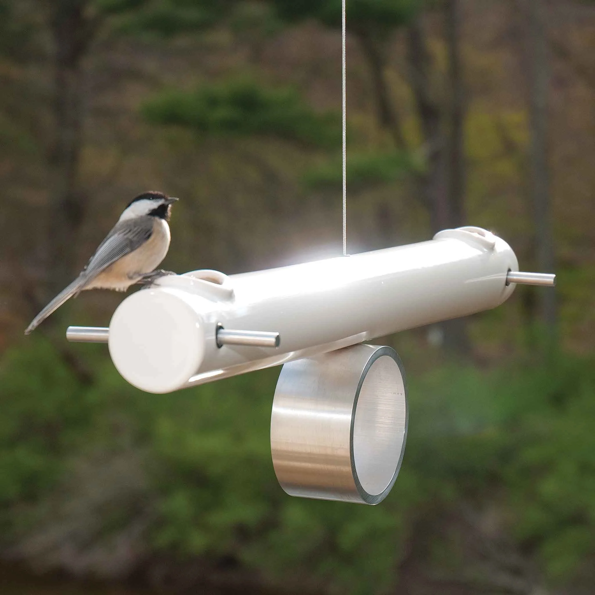 Mobile Bird Feeder by Jim Schatz with J Schatz Studio — hanging in outdoor environment with bird perched on aluminum ring