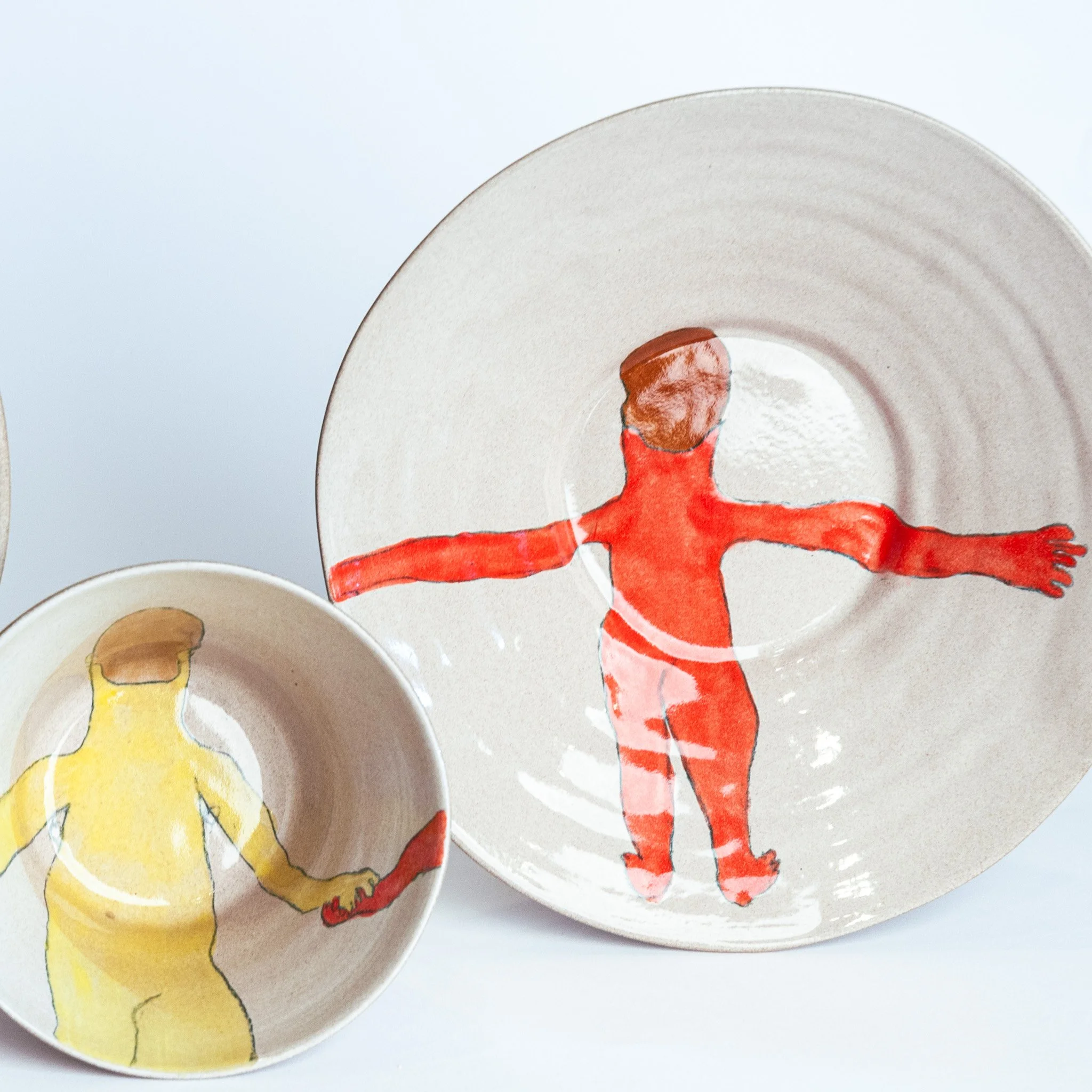 All Together Now by Jim Schatz — Sam, Bill, Tito, Keith & Zach, hand-painted stoneware place setting — soup bowl, figure in red