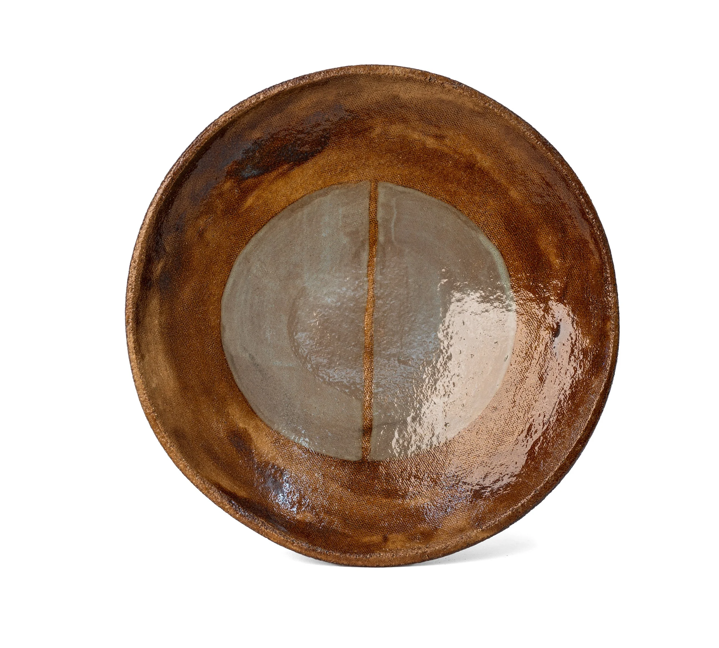 Geometria Bowl, 28 over 20, brown stoneware bowl with a split grey disc, by Jim Schatz