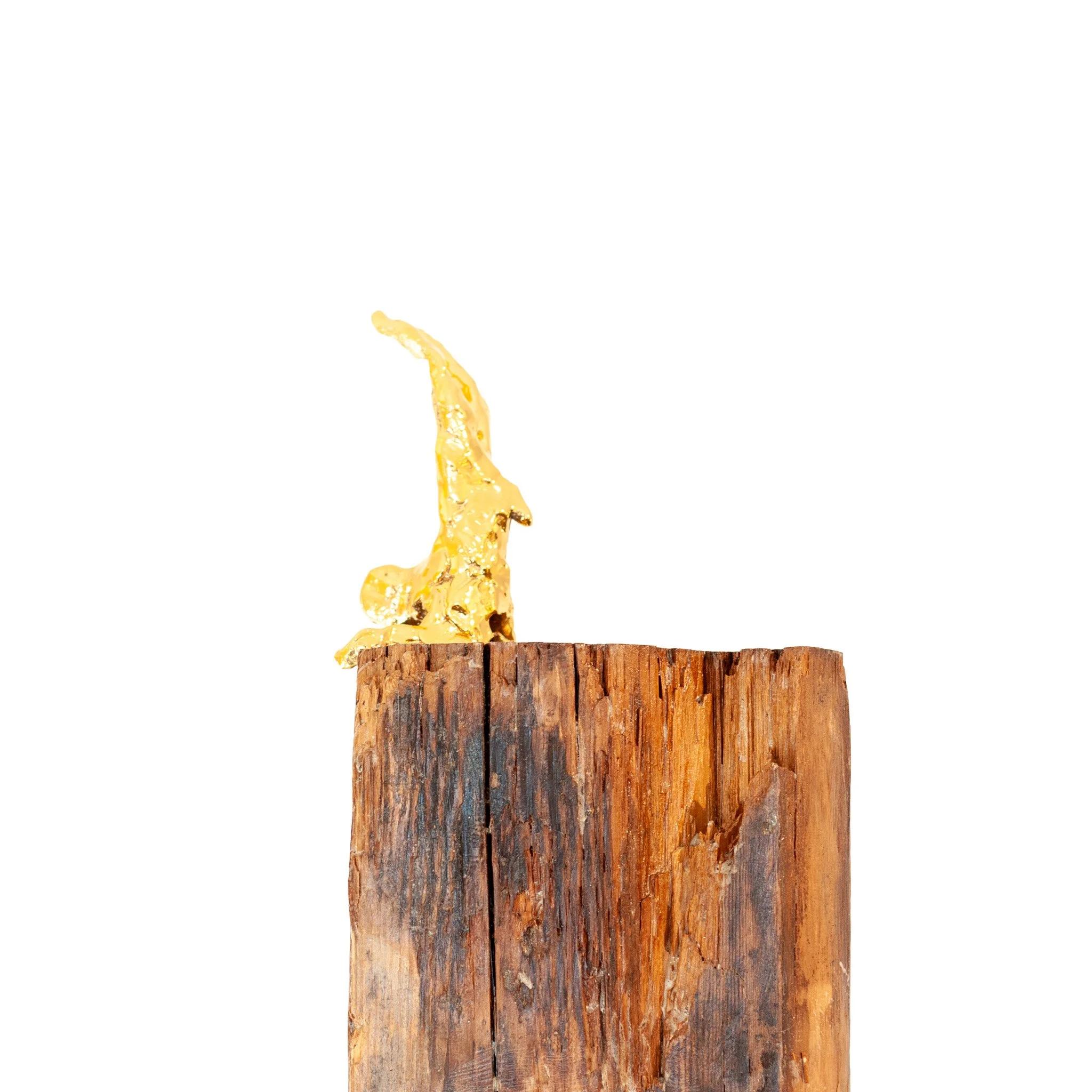 Handstand, alternate view, gold lustre ceramic figure on weathered wood base by Jim Schatz
