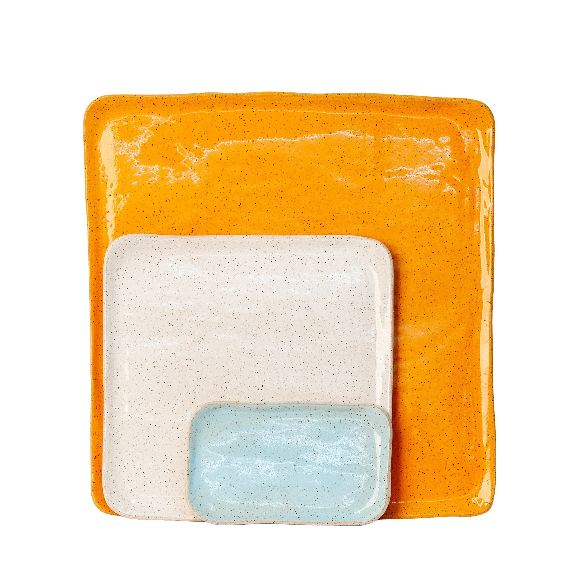 Large Mod Platter Set in Light Aqua, White, and Orange Peel, three slab-built stoneware platters by Jim Schatz