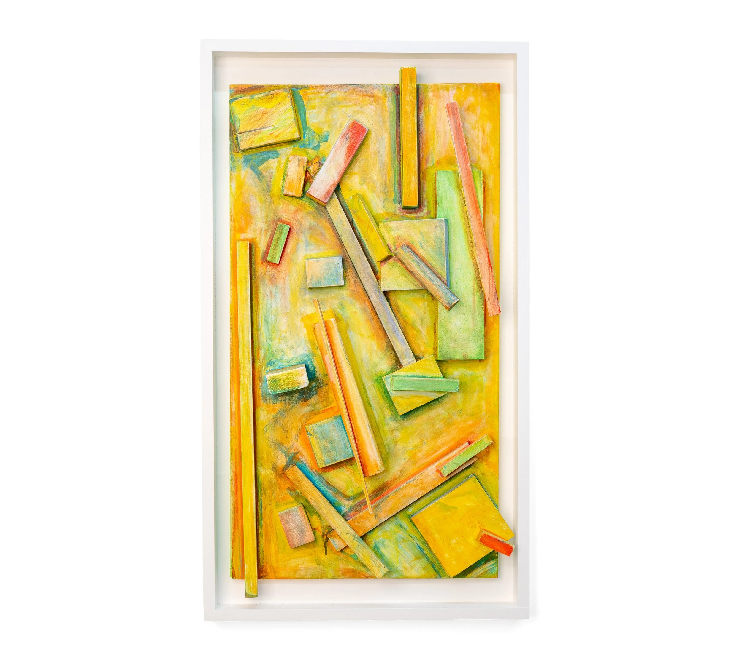 Tired of Pretending, 2026, framed wall work by Peter Souza Jr. with painted wood blocks and slats in relief over a yellow, green, and orange washed panel, white shadowbox frame