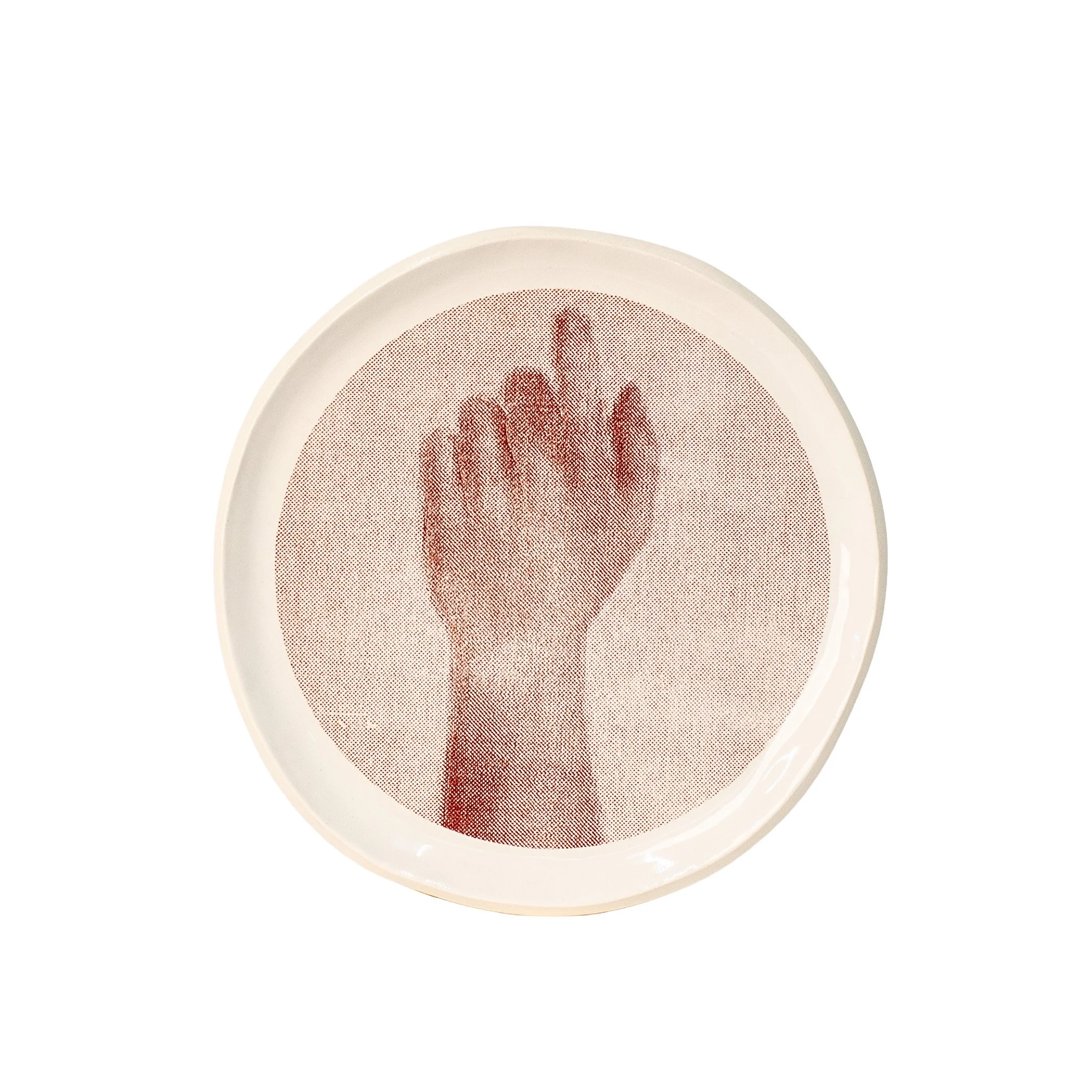 Gestures, plate 3, hand up left, photo mural ceramic plate by Jim Schatz