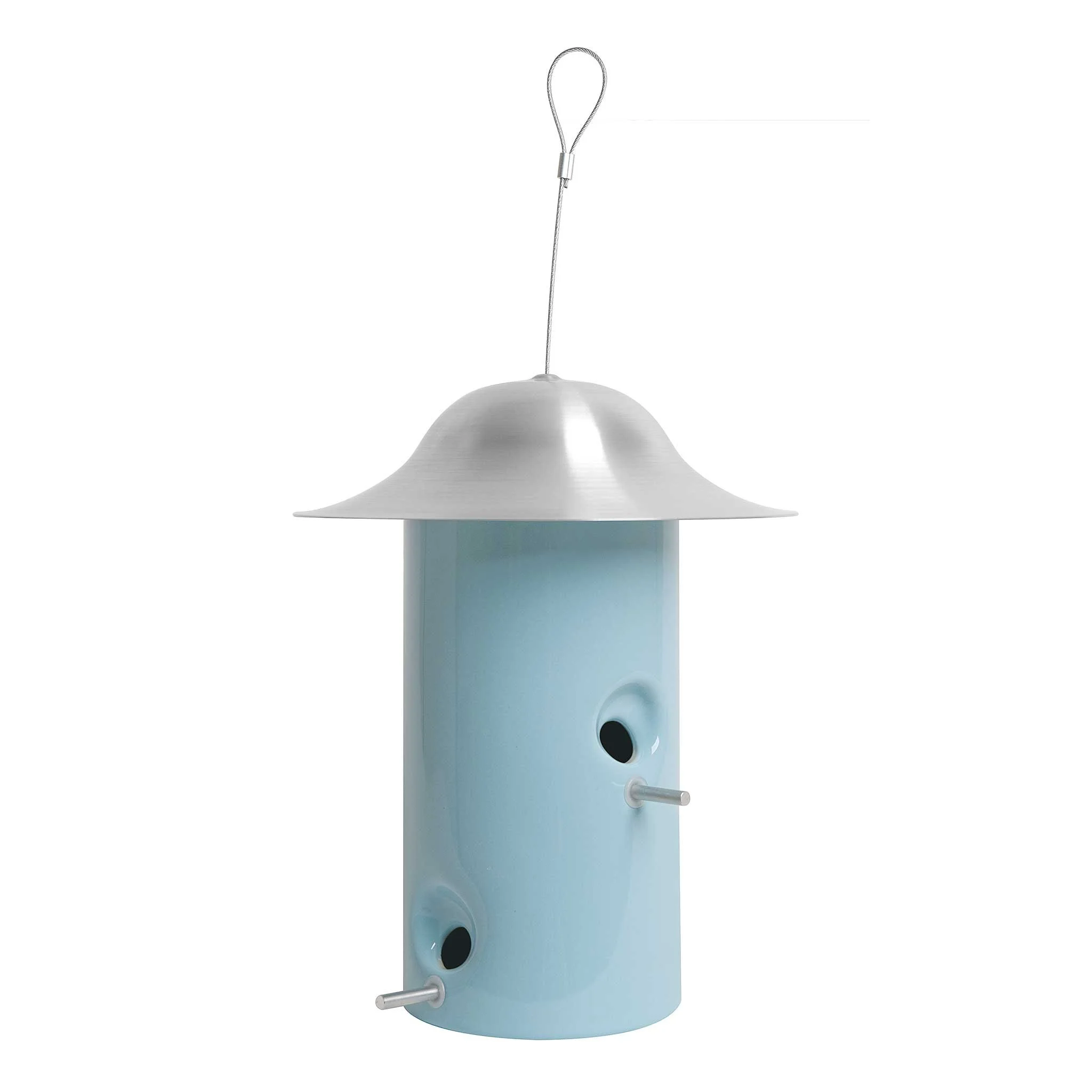 Bistro Bird Feeder in Light Aqua by Jim Schatz — front, stoneware feeding tube with spun aluminum cover