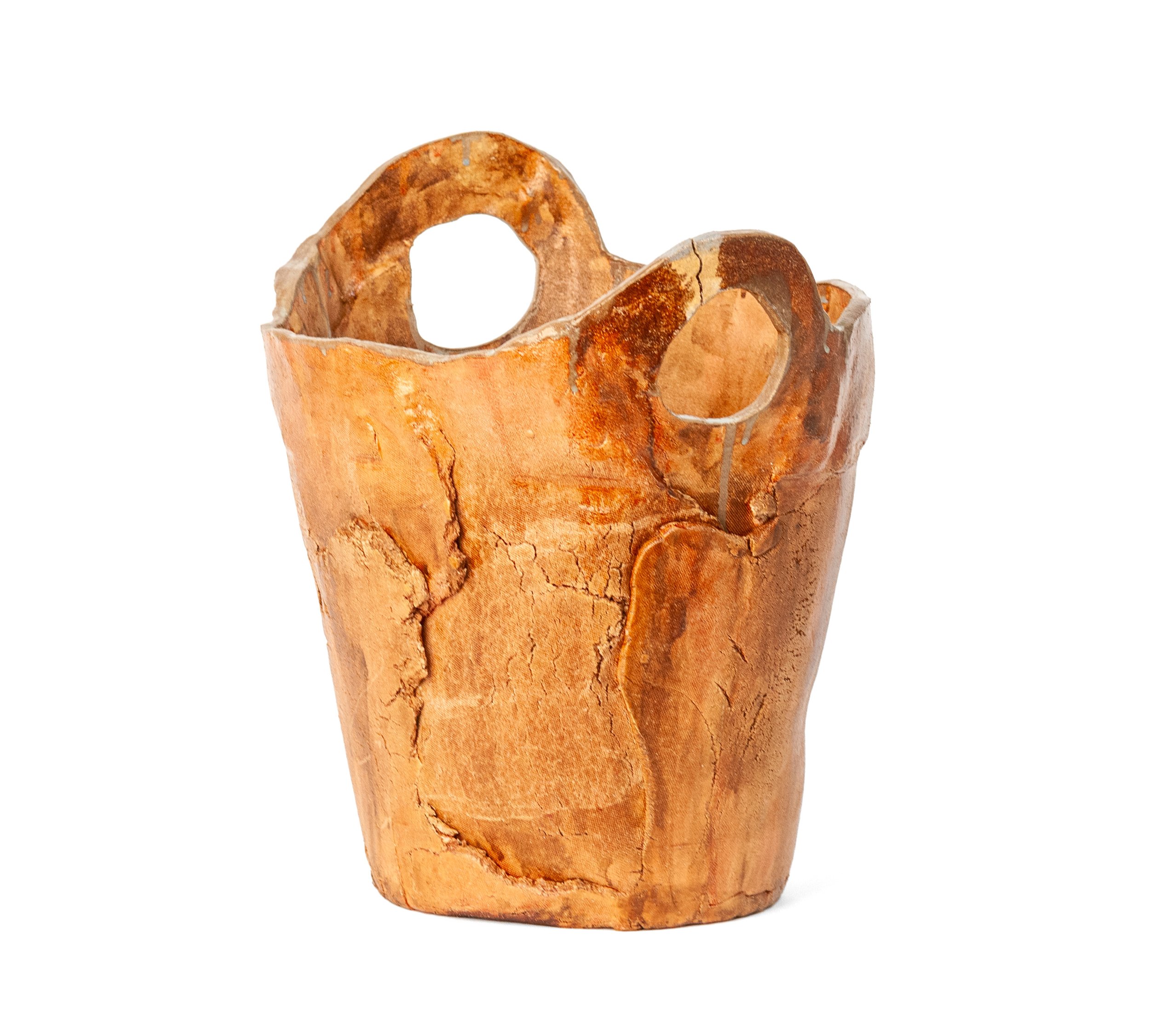 Rustic Container 1 by Jim Schatz — side profile showing both looped handles and the cracked, crazed terracotta surface