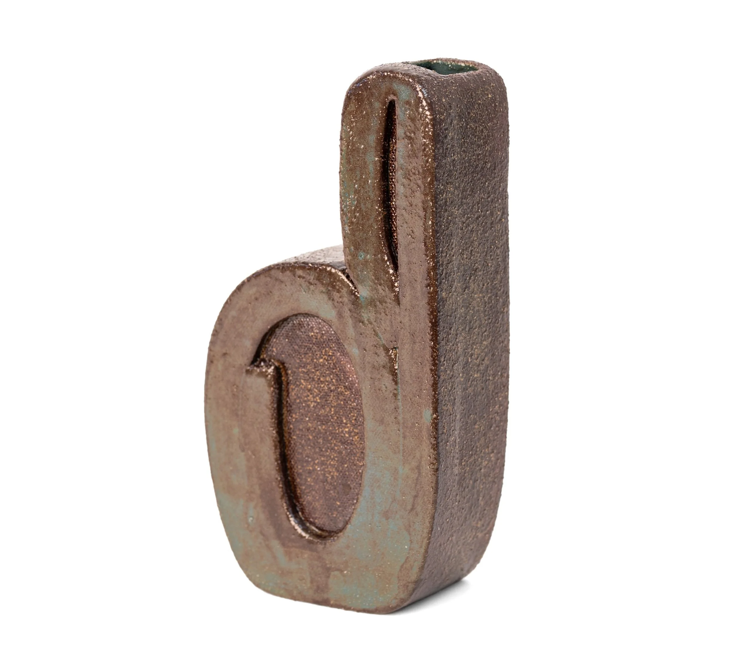 Ribbon Vessels, Vessel 3, angled view of the bronze glaze and green wash, by Jim Schatz.