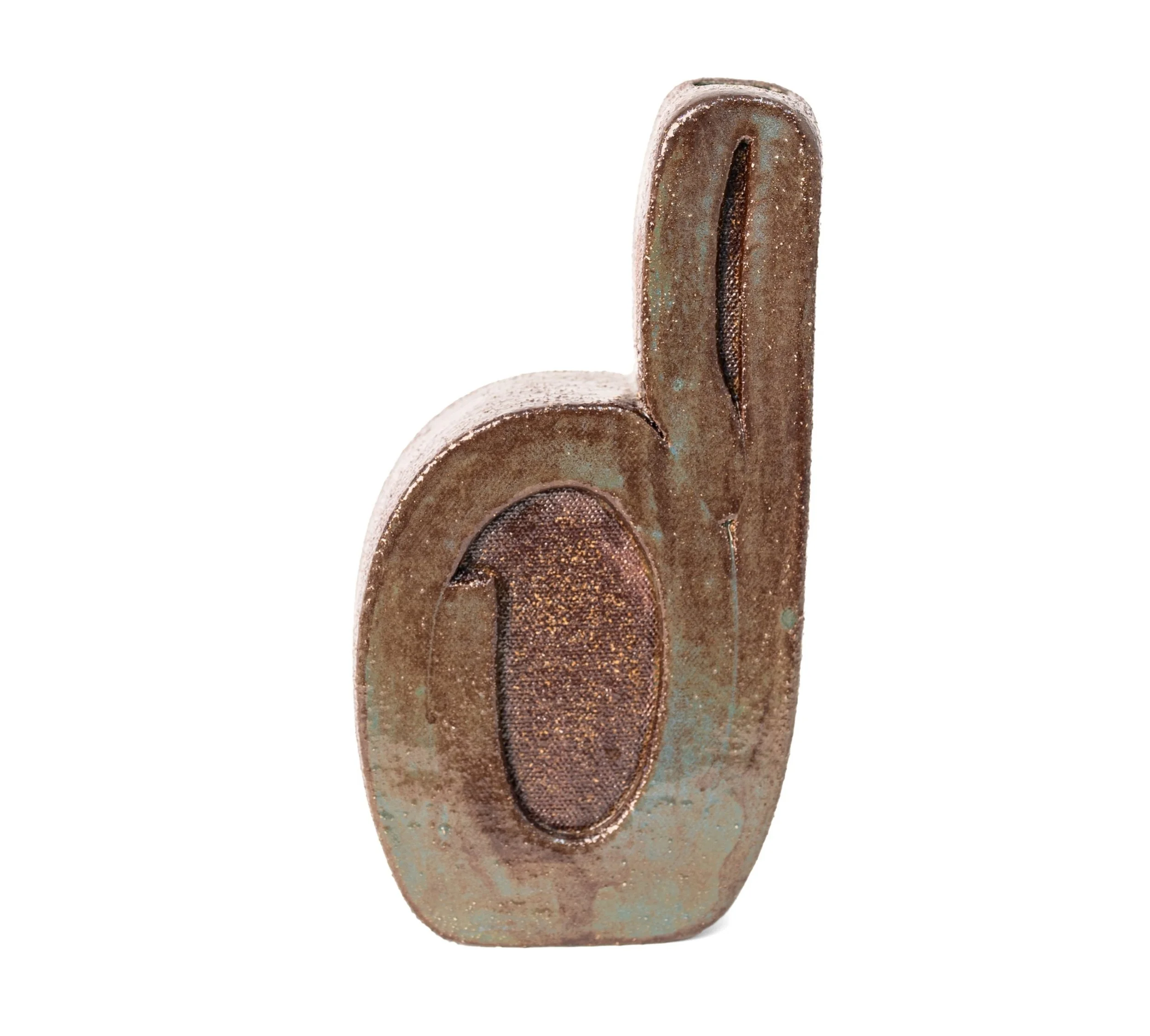 Ribbon Vessels, Vessel 3, bronze glazed stoneware in the shape of a lowercase d, by Jim Schatz.