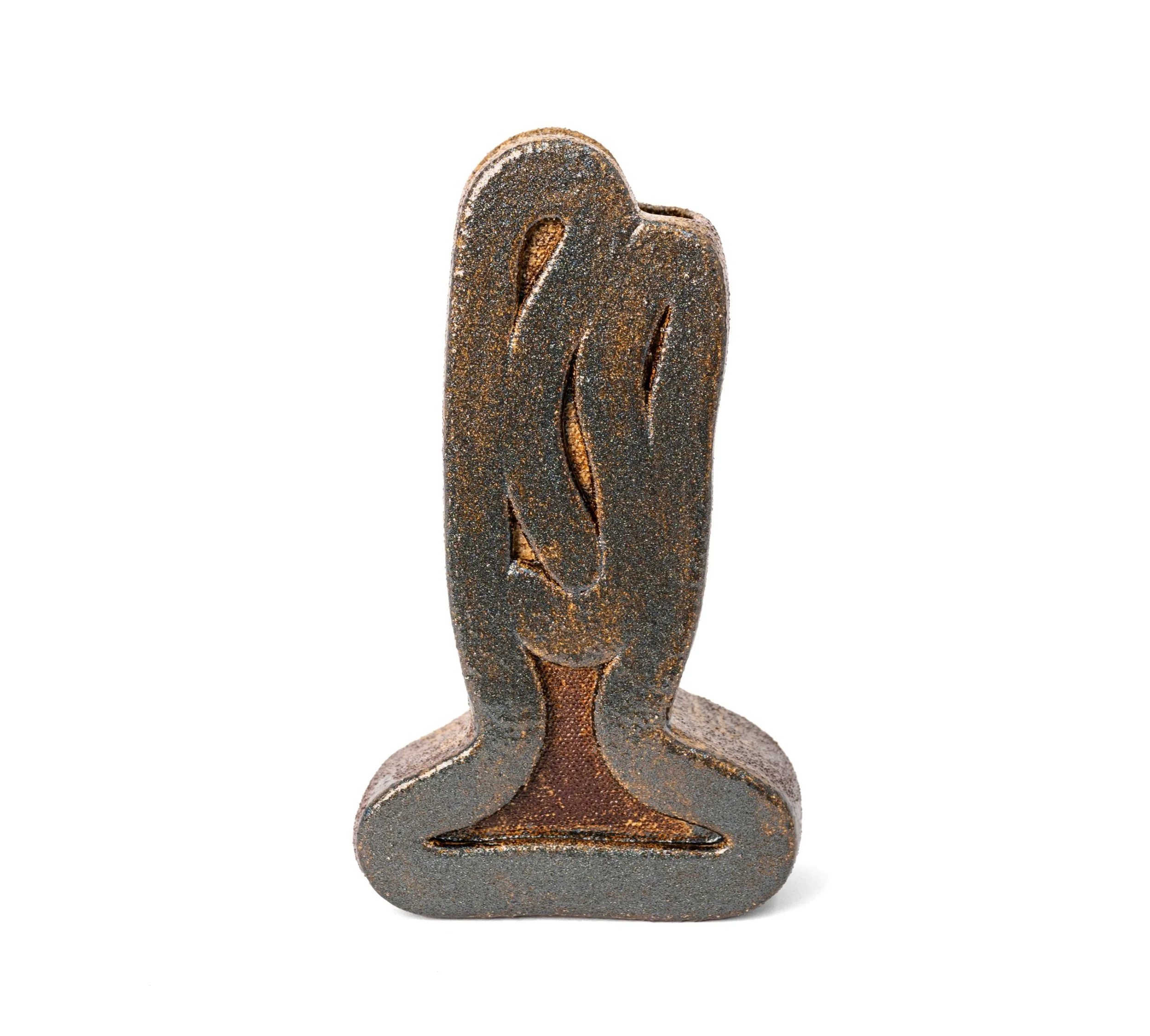 Ribbon Vessels, Vessel 2, a gunmetal glazed stoneware figure on a foot, by Jim Schatz.