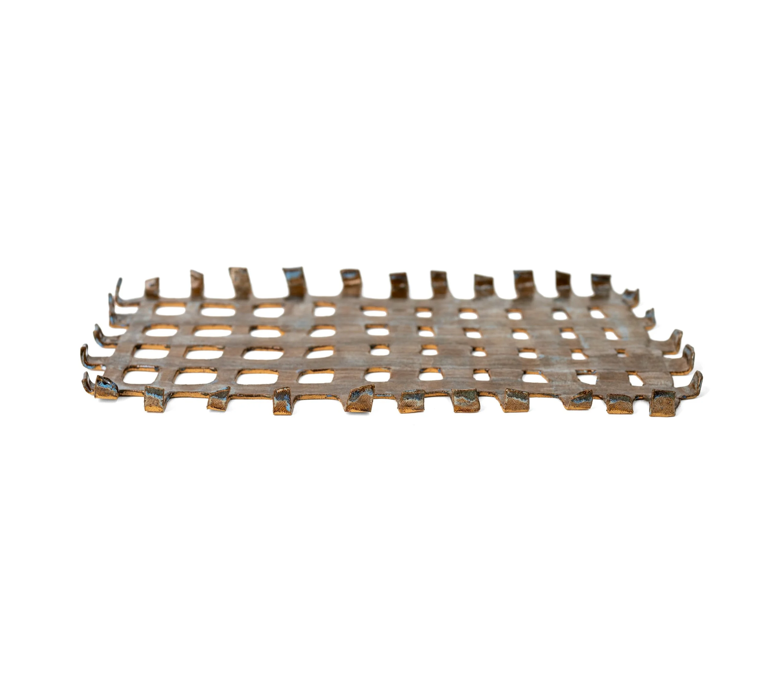 Woven Tray 1, seen from a low angle, bent strip ends along the edges in brown and pale blue glaze, by Peter Souza Jr.