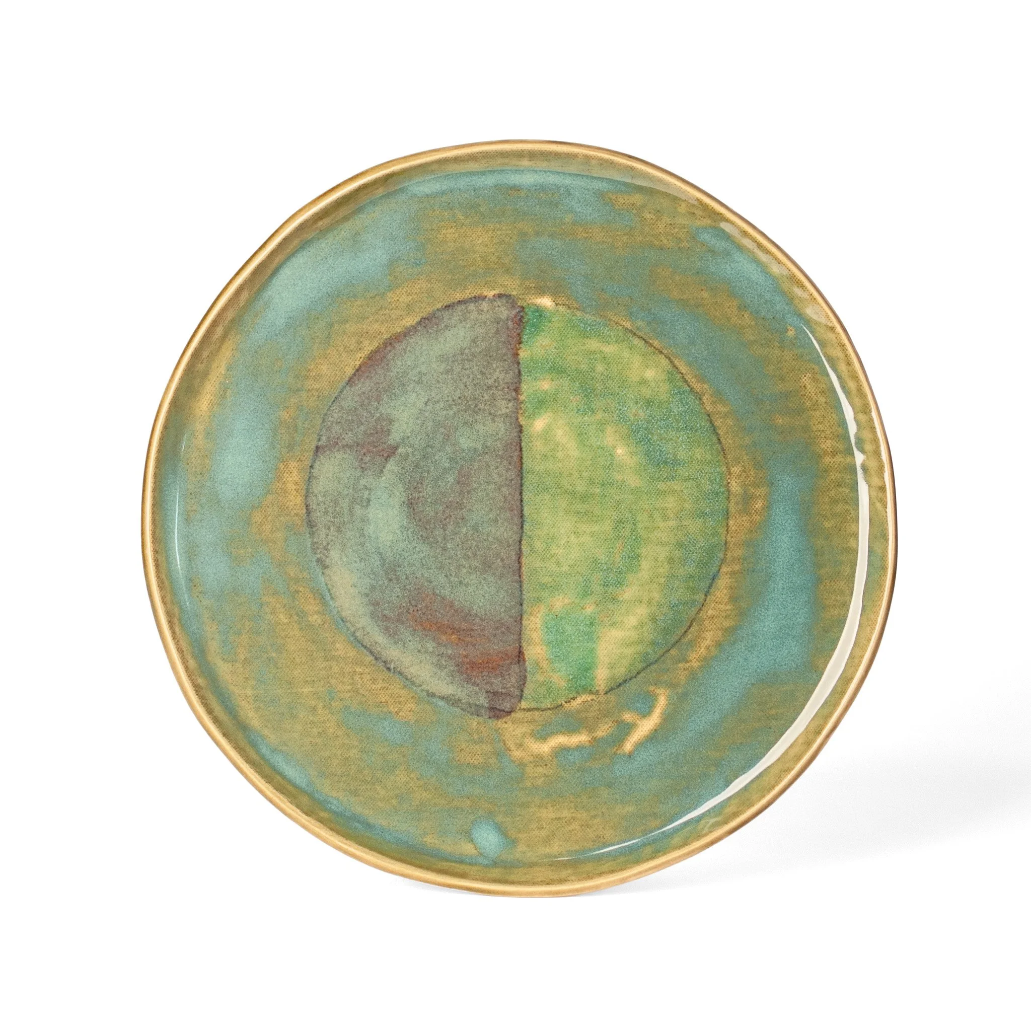 Geometria Platter, 33/40 over 25, teal and ochre stoneware platter with central two-tone orb, by Jim Schatz (Copy)