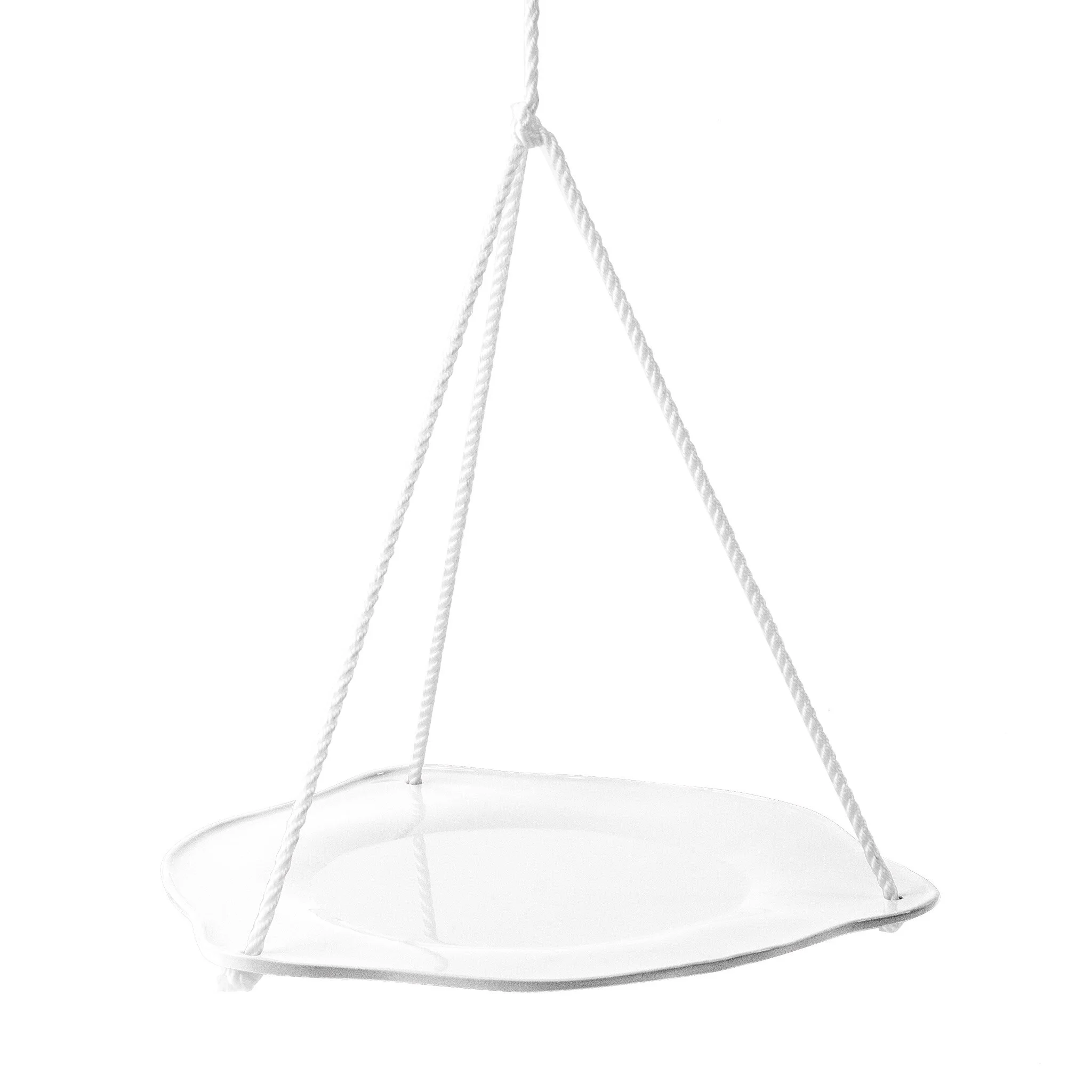Bird Bath by Jim Schatz — front view, glossy white basin suspended by nylon rope