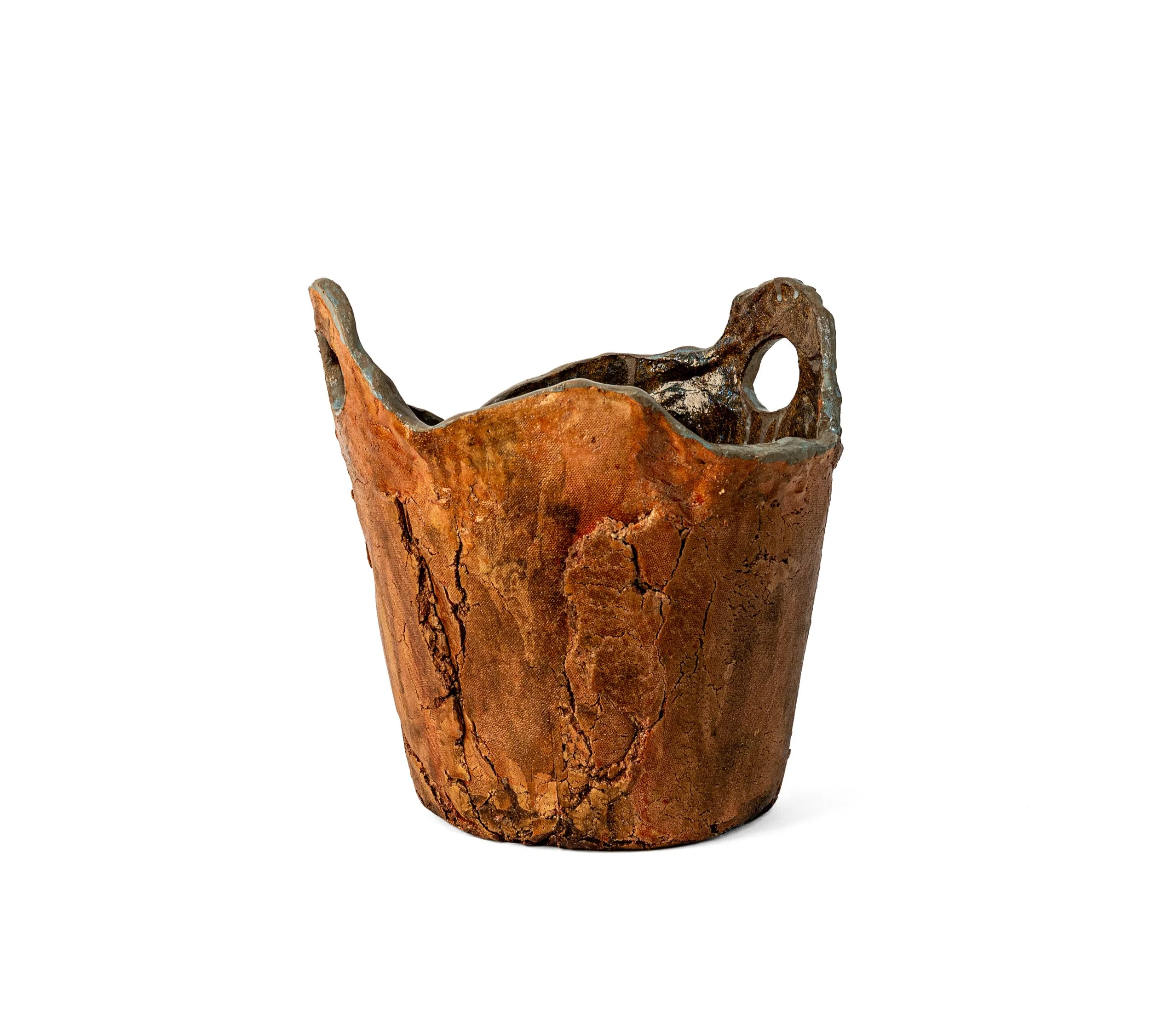 Detail view of Rustic Container 3 by Jim Schatz showing crazed glaze surface and looped handle