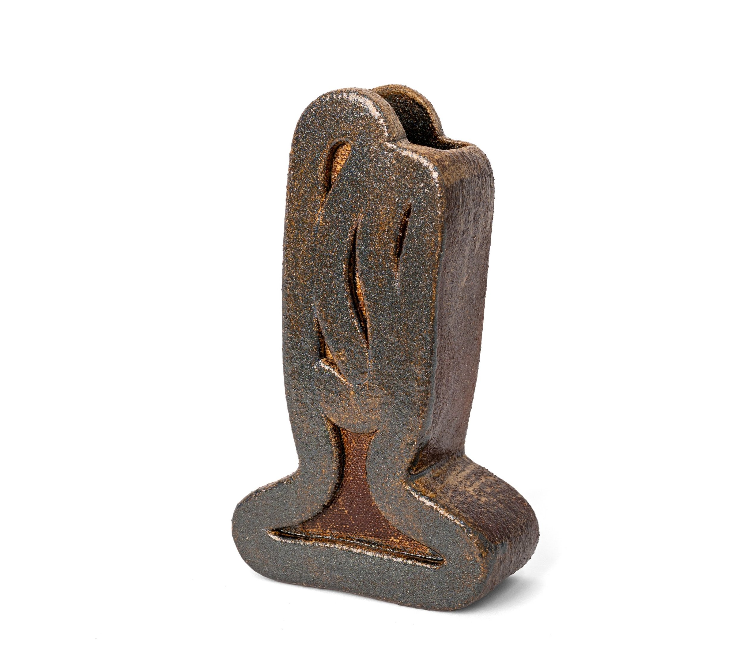 Ribbon Vessels, Vessel 2, angled view of the gunmetal glaze, by Jim Schatz.