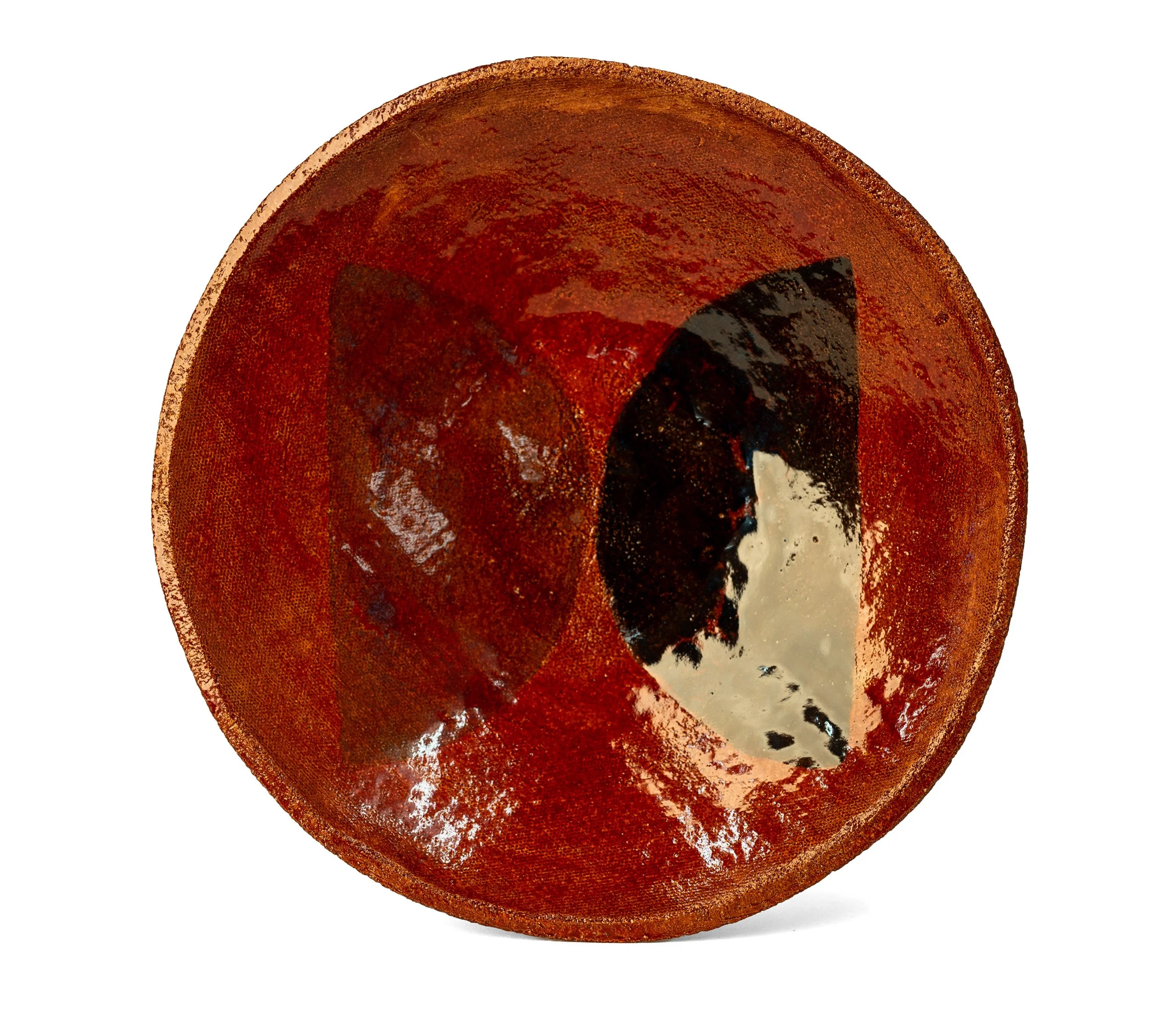 Geometria Bowl, 12/20 over 59, red stoneware bowl with overlapping half-moons in black and cream, by Jim Schatz