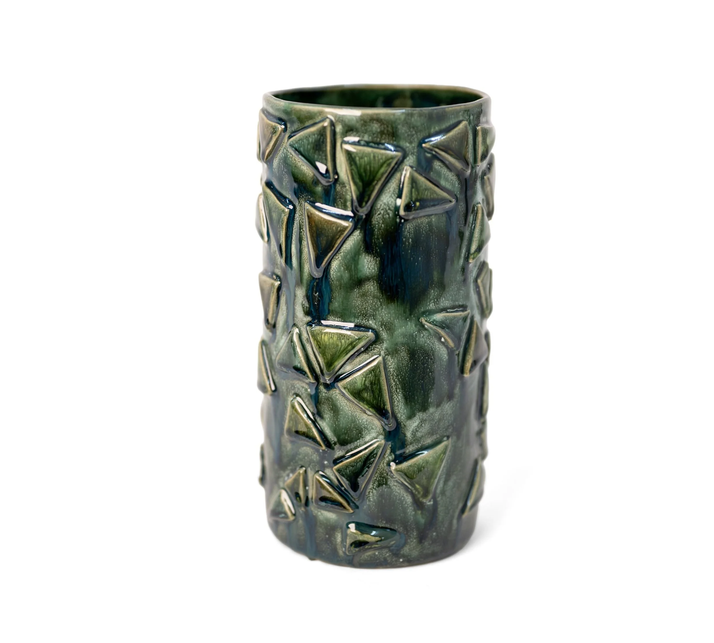 Vessel 7, tall deep green glazed white stoneware vessel scattered with applied clay triangles, by Peter Souza Jr.