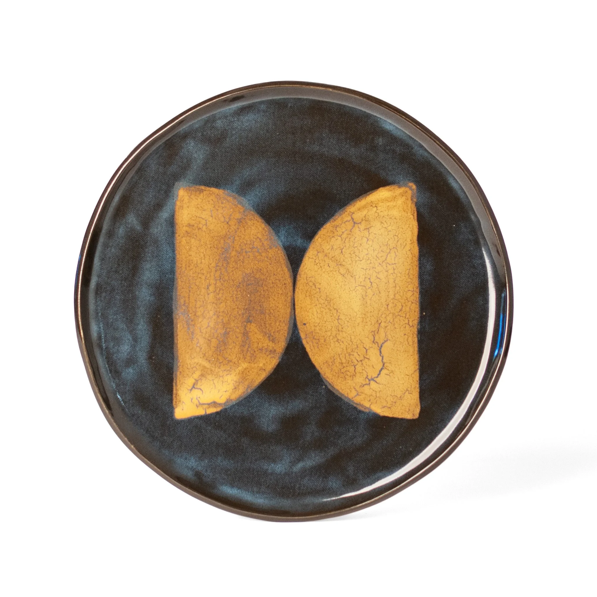 Geometria Platter, 28 over 12, deep blue-black stoneware platter with two facing gold half-moons, by Jim Schatz (Copy)