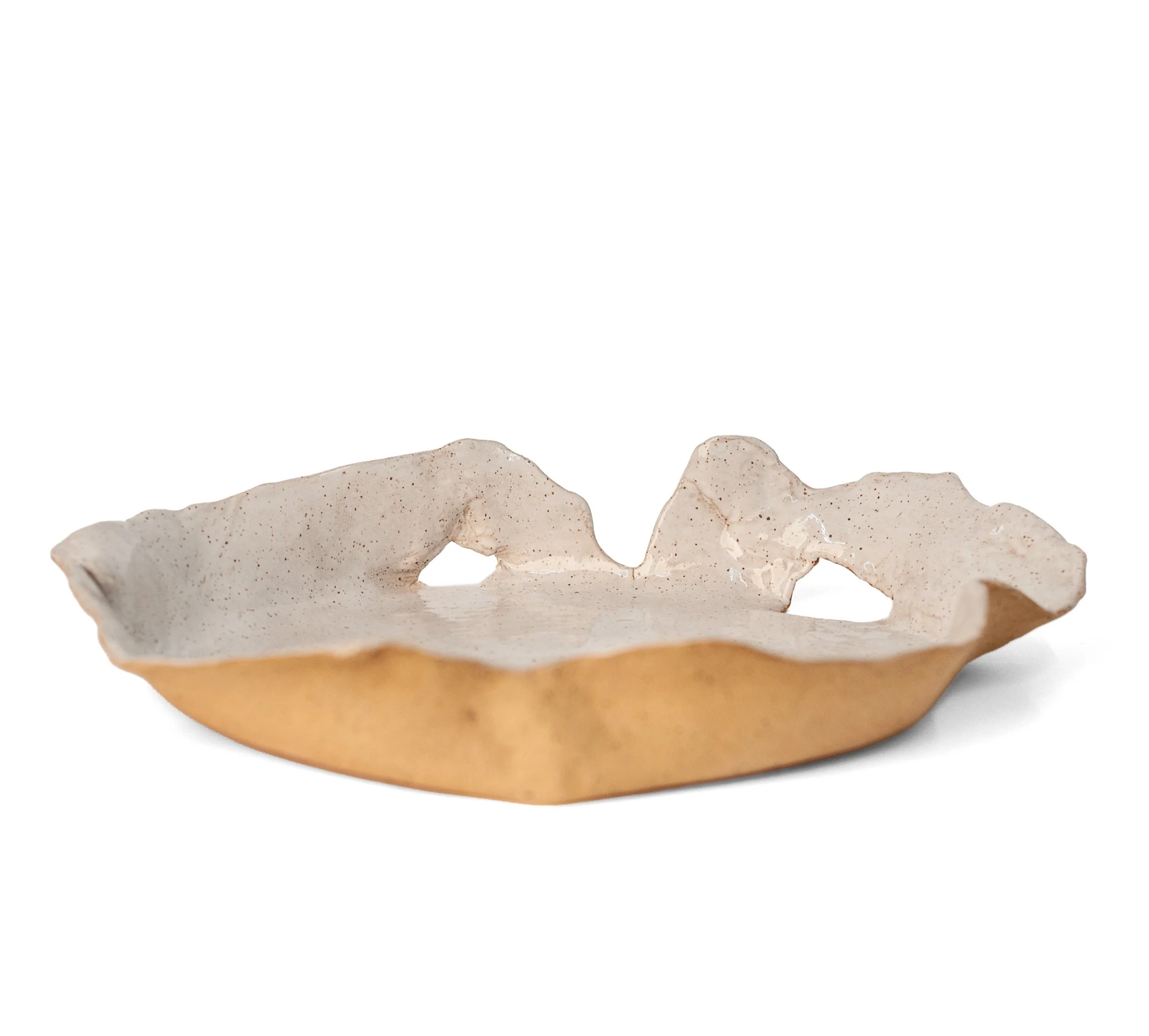 Bowl, 2026, slab-built stoneware by Peter Souza Jr. with white glazed interior, raw exterior, and folded rim opening in two arches