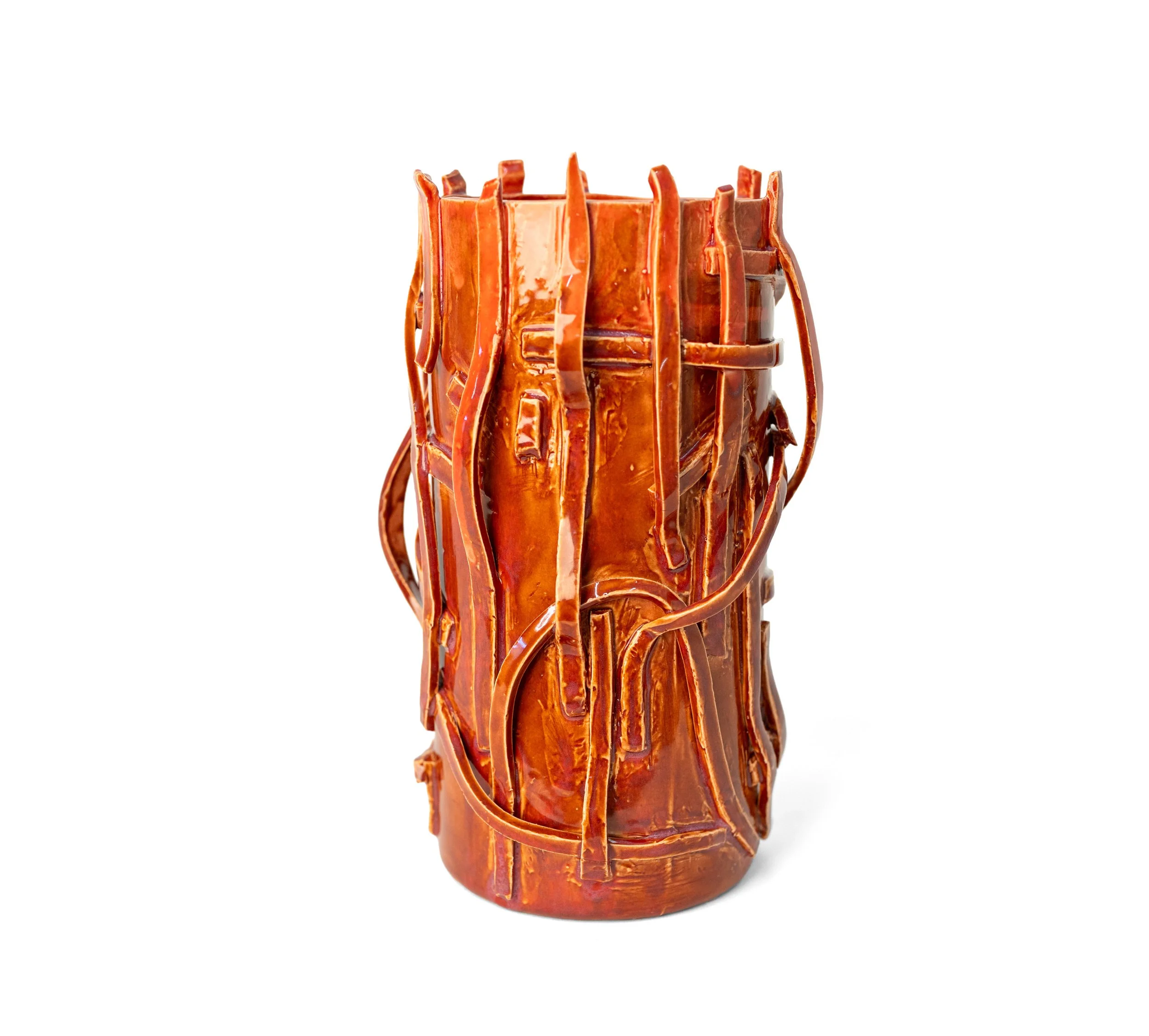 Vessel 4, alternate view of the looping applied strips in rust glaze, by Peter Souza Jr.