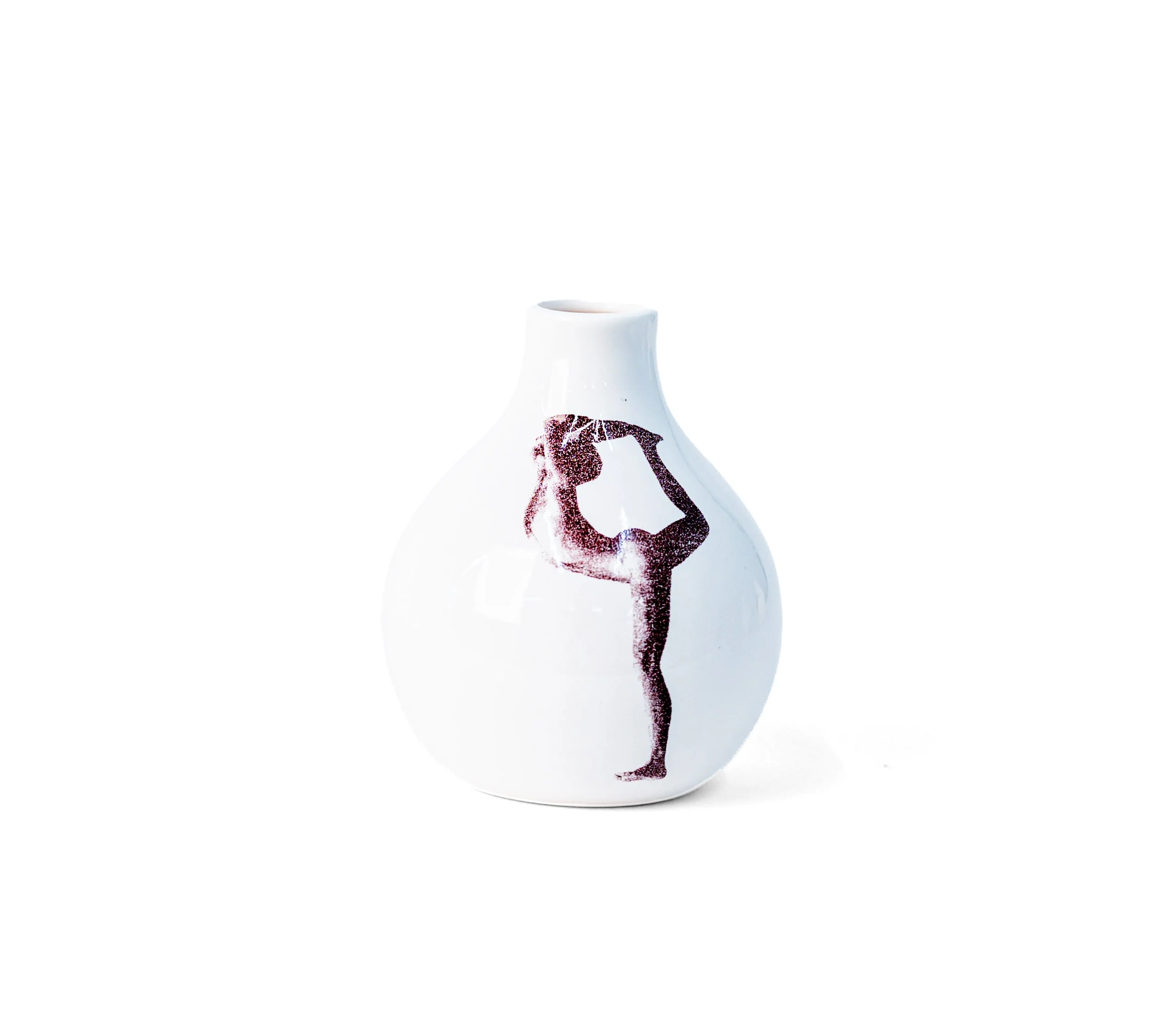 White porcelain bud vase with a standing figure, back arched and leg raised — Gestures Bud Vase 3 by Jim Schatz.