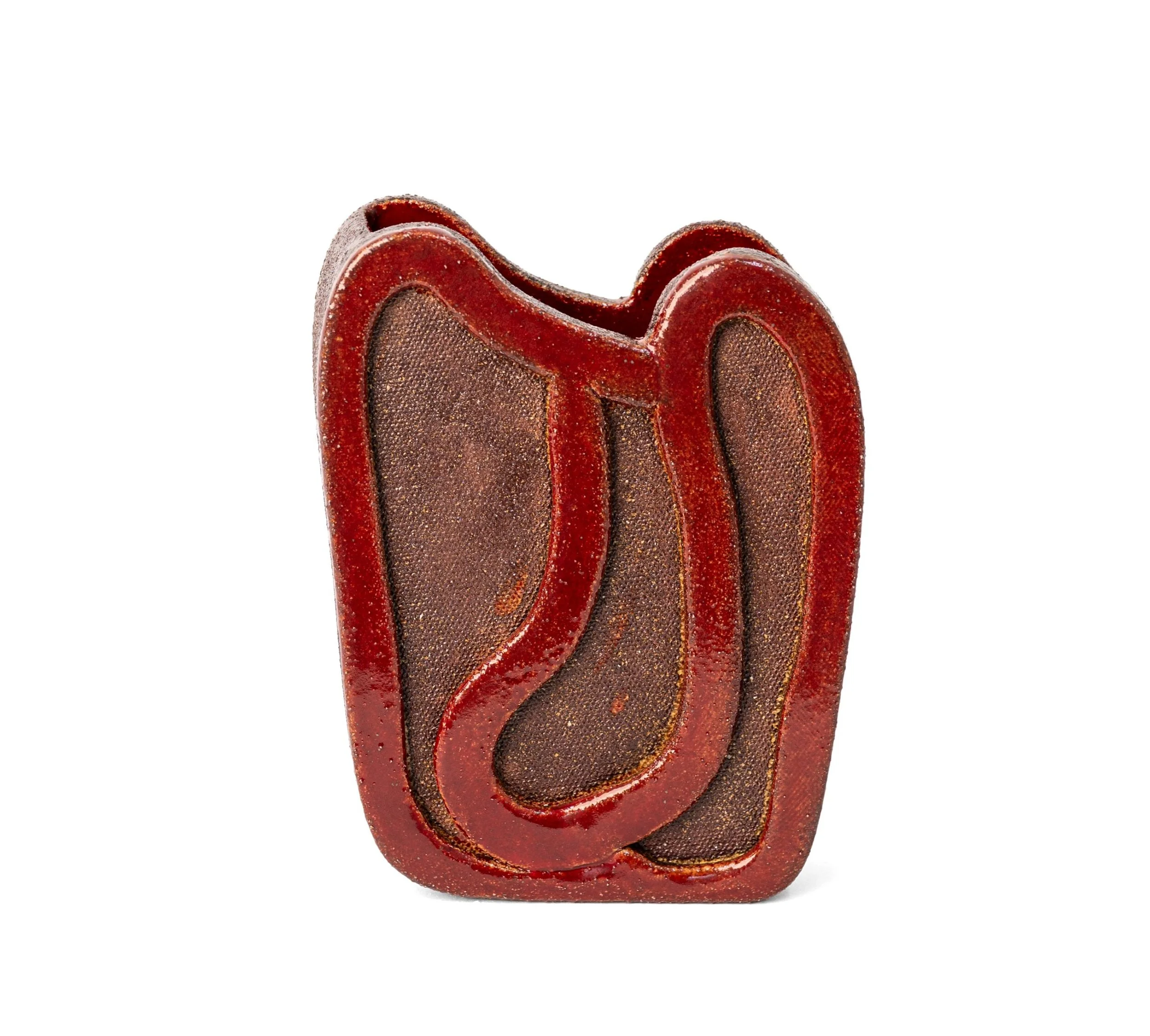 Ribbon Vessels, Vessel 1, a red glazed ribbon looping over a brown stoneware field, by Jim Schatz.