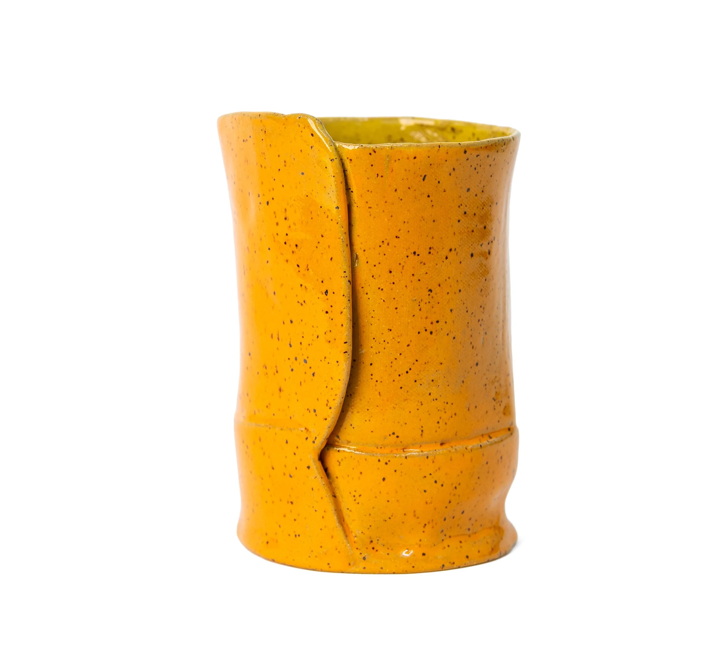Wrap Vessel 1, side view of the overlapping wrapped seam in marigold glaze, by Peter Souza Jr.