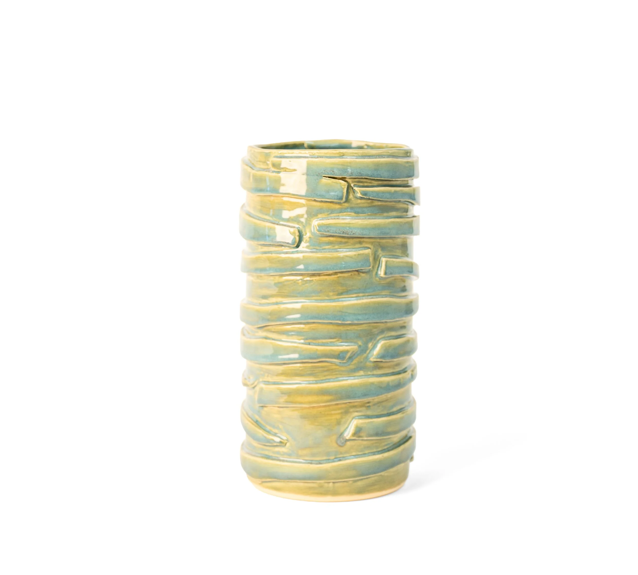 Vessel 3, 2026, stoneware vessel by Peter Souza Jr. wrapped in overlapping horizontal clay bands under a pale green and blue glaze