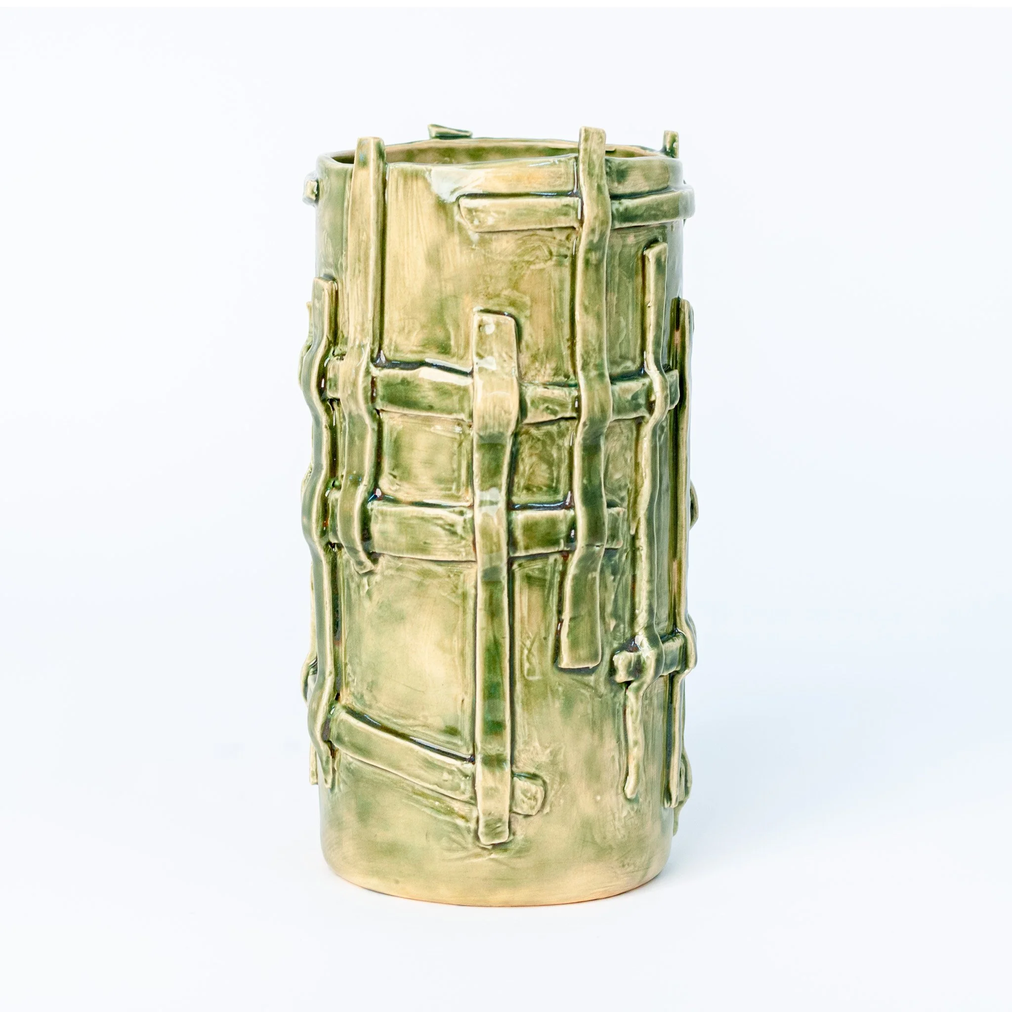 Vessel 1, alternate view of the green-glazed lattice and overlapping clay strips