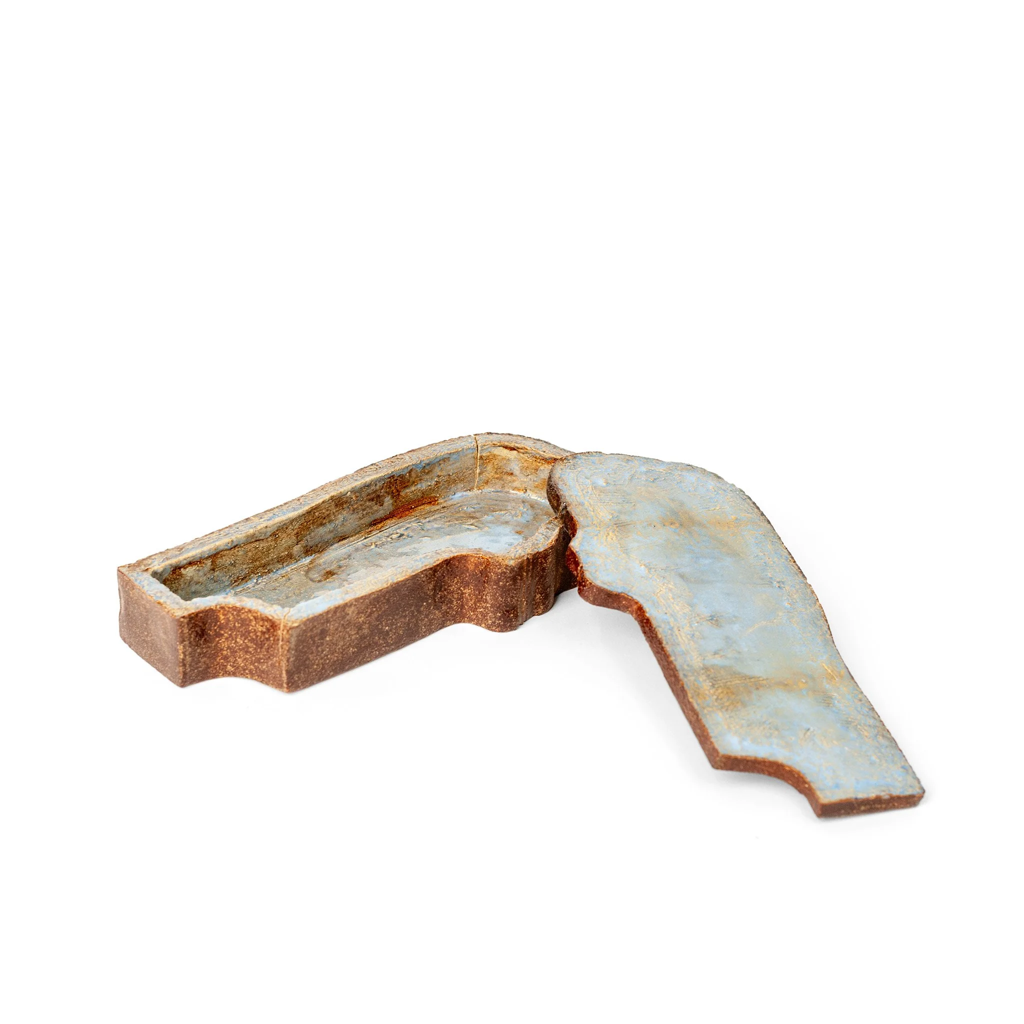 Head Box, open showing light blue glazed interior, stoneware sculptural box by Jim Schatz