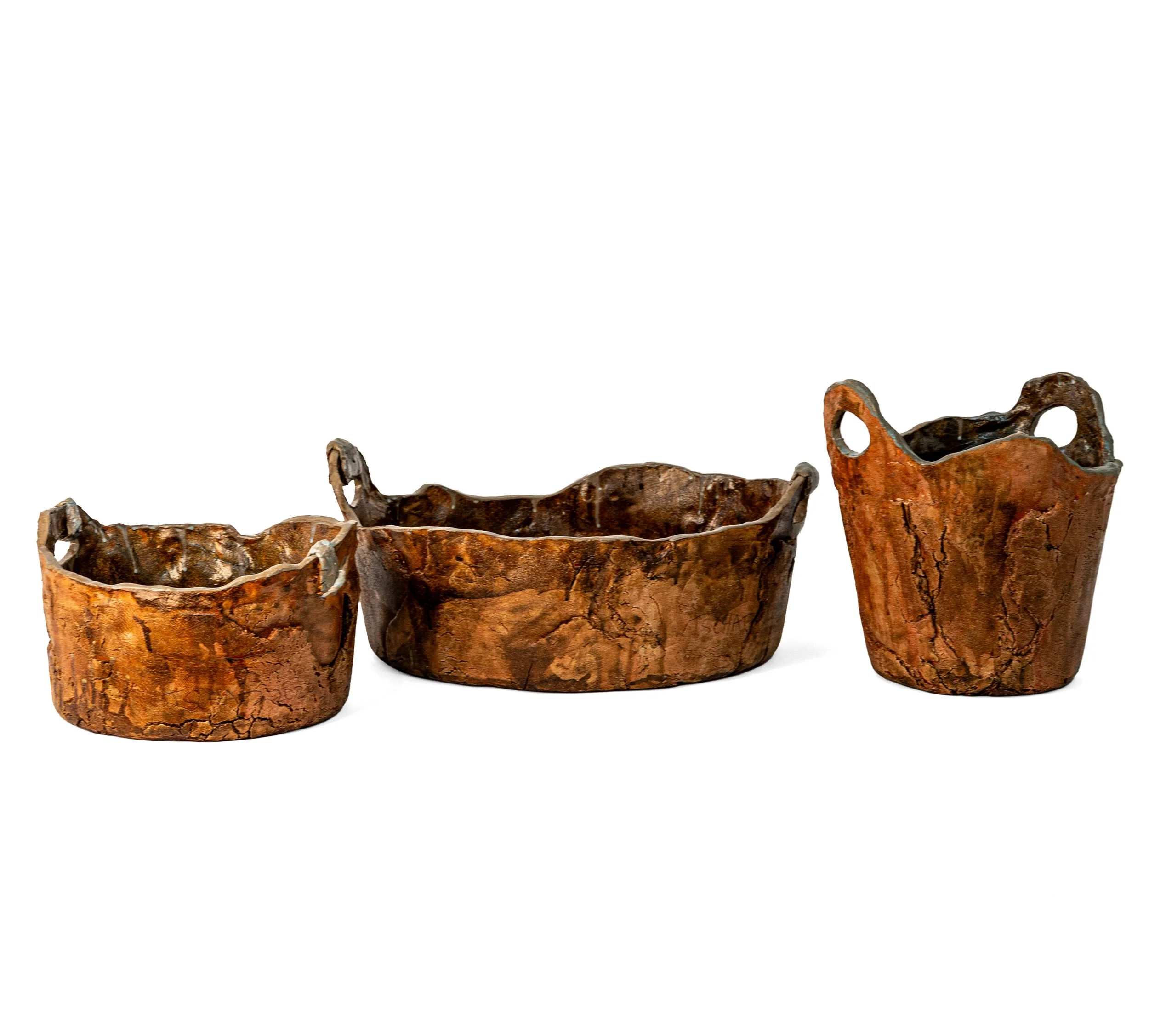Rustic Containers 2, 3, and 4 by Jim Schatz arranged together, second group view of hand-built ceramic vessels in crazed orange and rust glazes