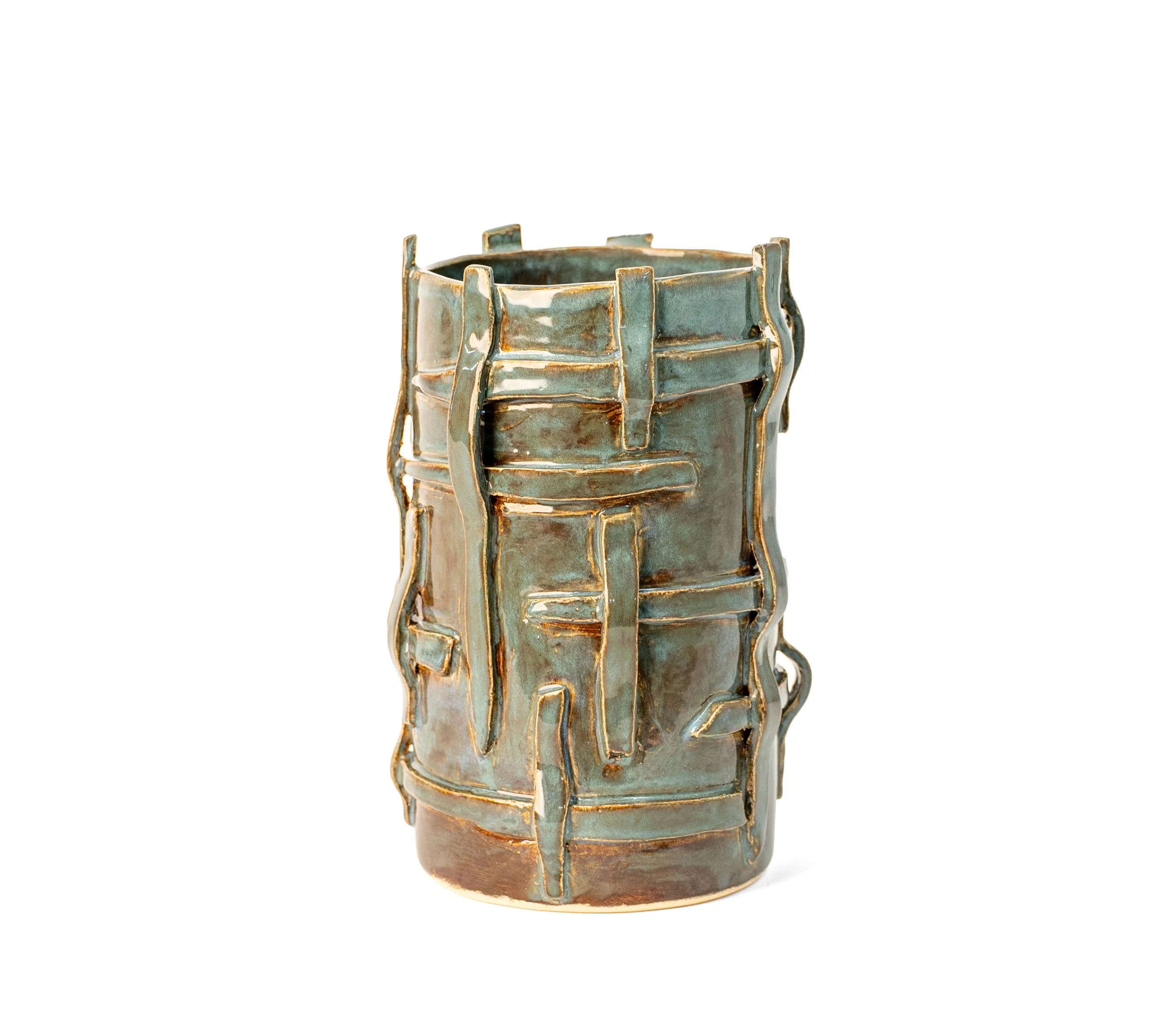 Vessel 2, alternate view showing wavering applied clay strips and amber glaze breaks over the raised work