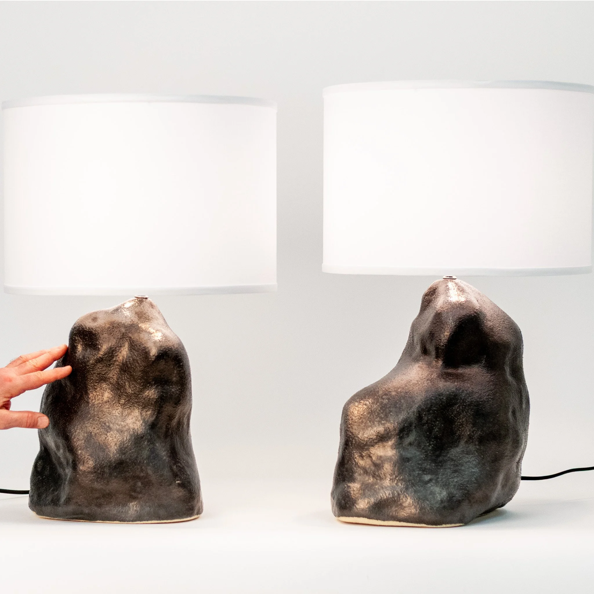 Metallic Black Amorphous Lamp Pair by Jim Schatz — full view with shades