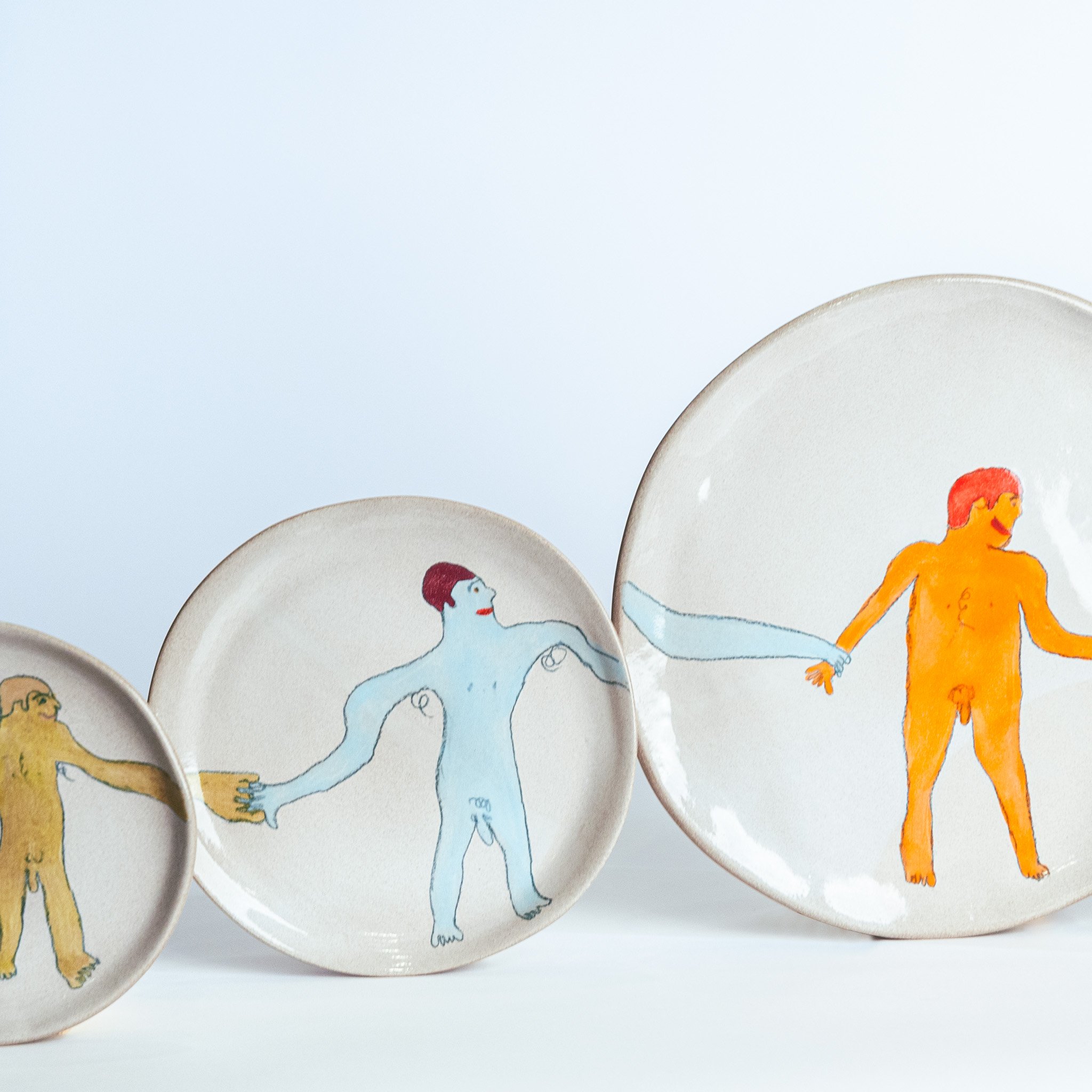 All Together Now by Jim Schatz — Sam, Bill, Tito, Keith & Zach, hand-painted stoneware place setting  — salad plate, figure in blue