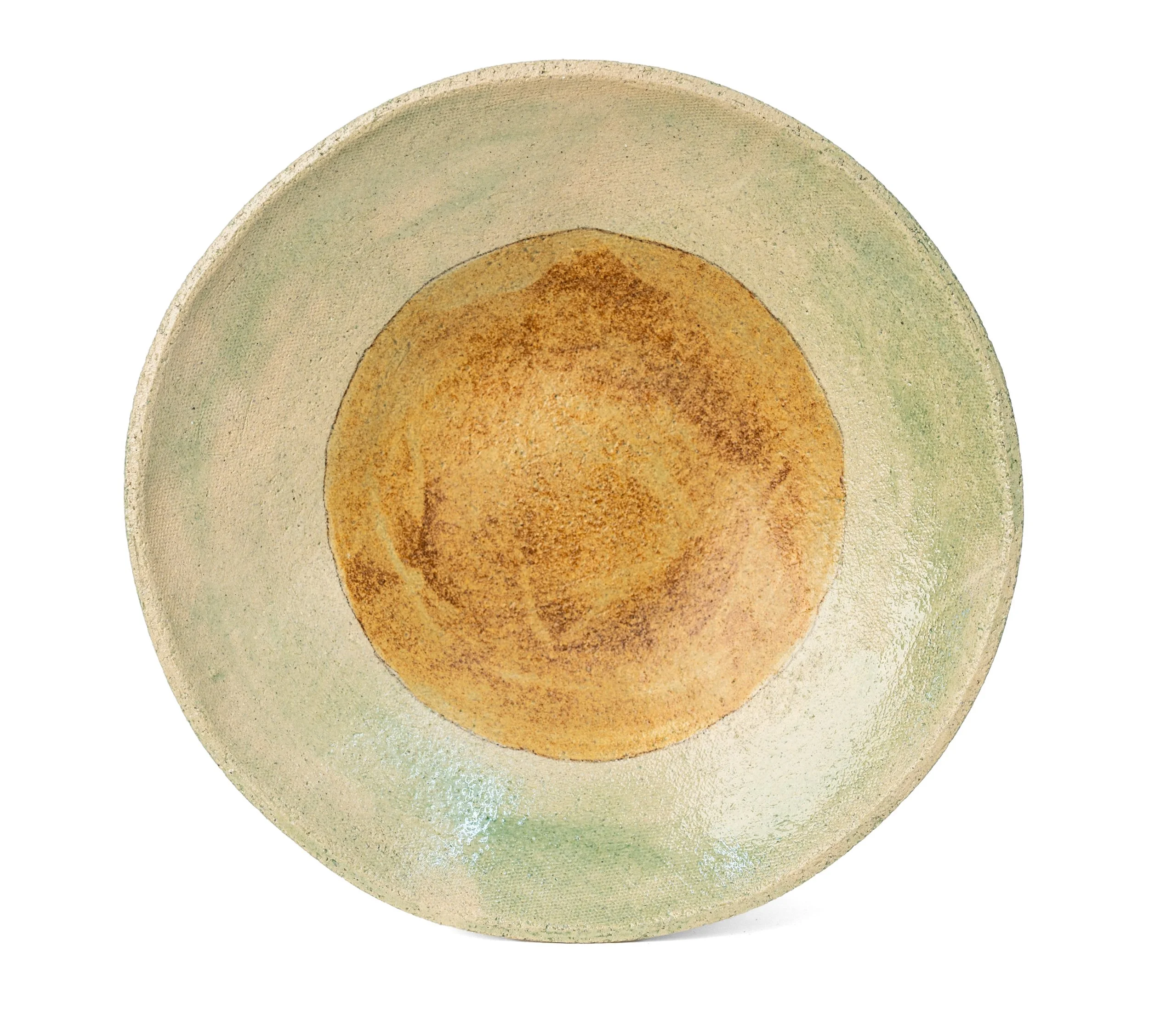 Geometria Bowl, 30 over 40, pale green stoneware bowl with an ochre circle, by Jim Schatz