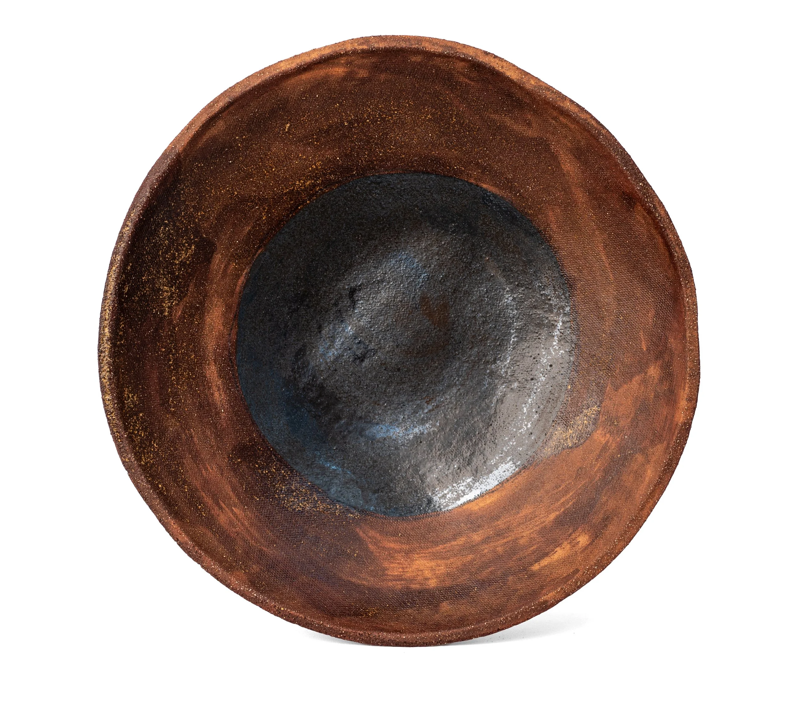 Geometria Bowl, 2 over 30, rust-brown slab-built stoneware bowl with a dark metallic circle at its center, by Jim Schatz