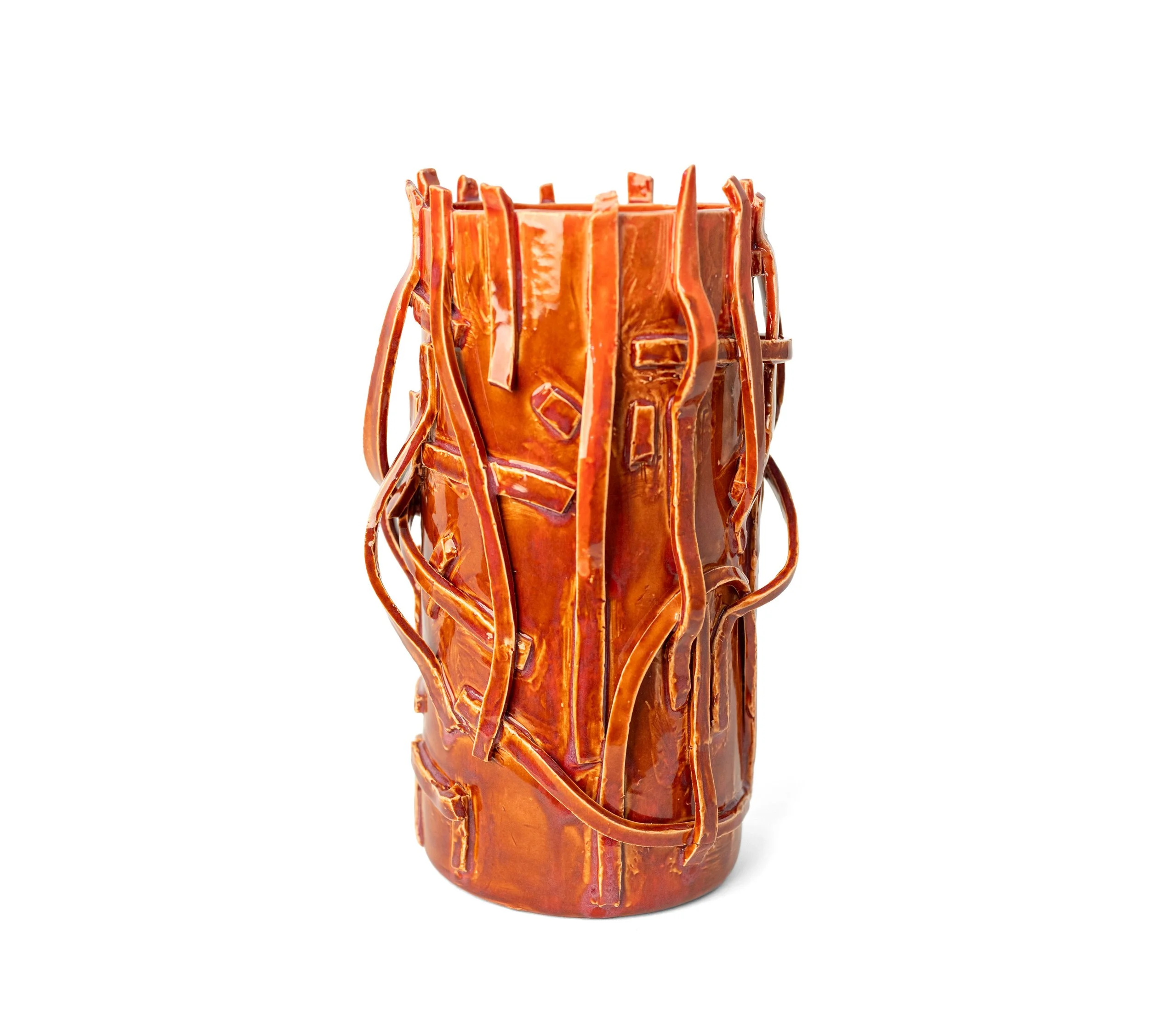 Vessel 4, rust-glazed strips rising past the rim in uneven prongs, by Peter Souza Jr.