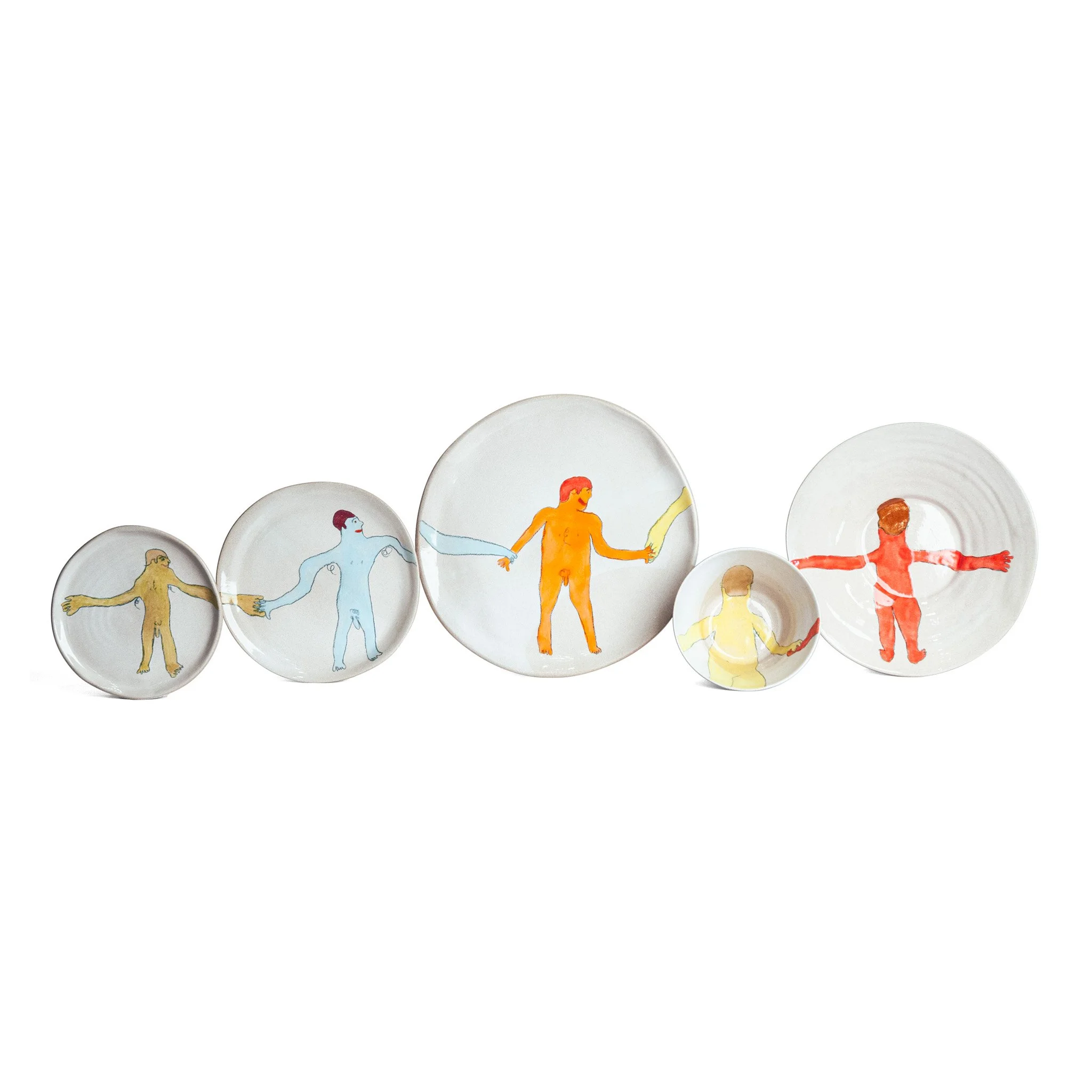 All Together Now by Jim Schatz — Sam, Bill, Tito, Keith & Zach, hand-painted stoneware place setting, five figurative pieces
