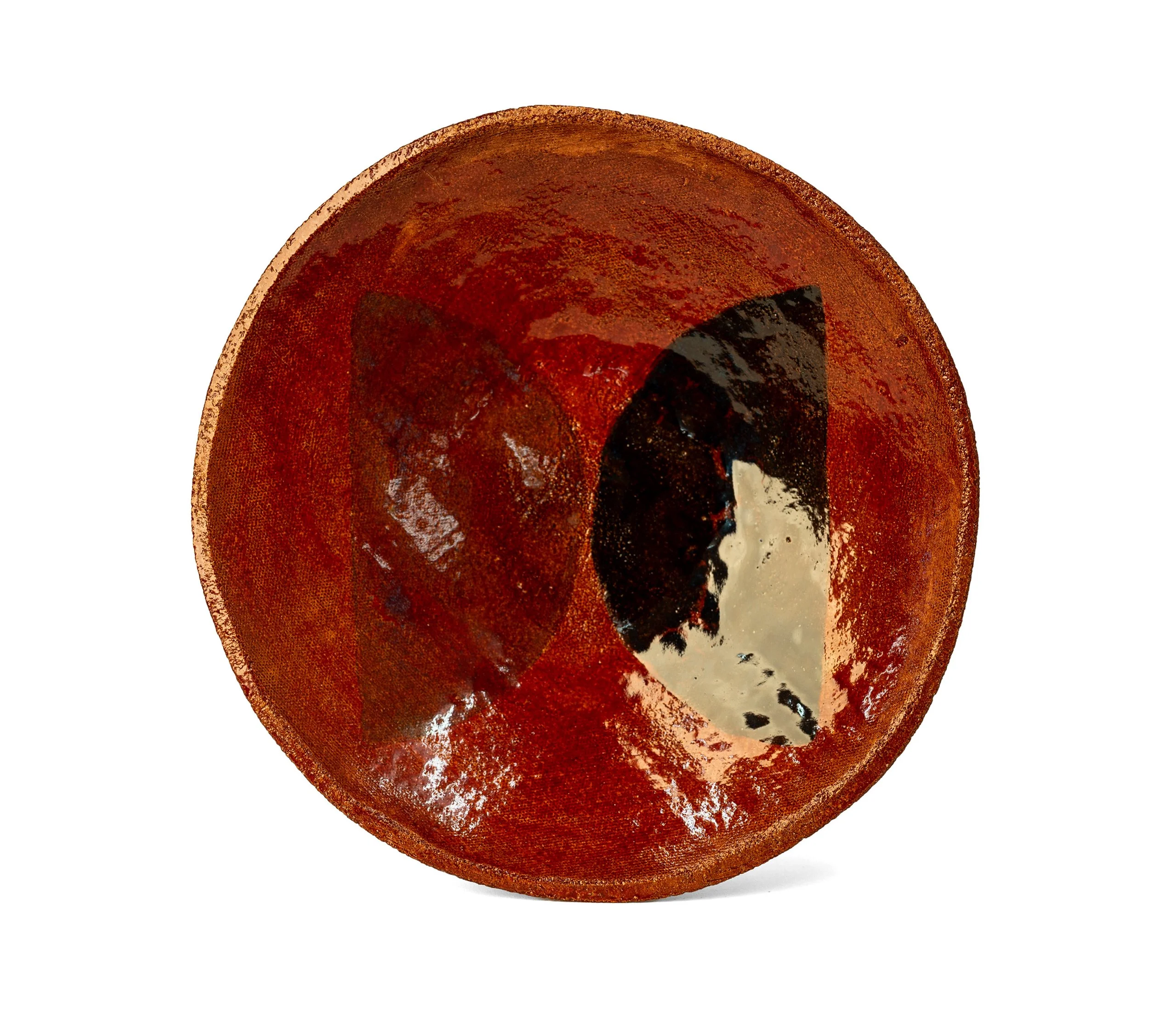 Geometria Bowl, 12/20 over 59, red stoneware bowl with overlapping half-moons in black and cream, by Jim Schatz